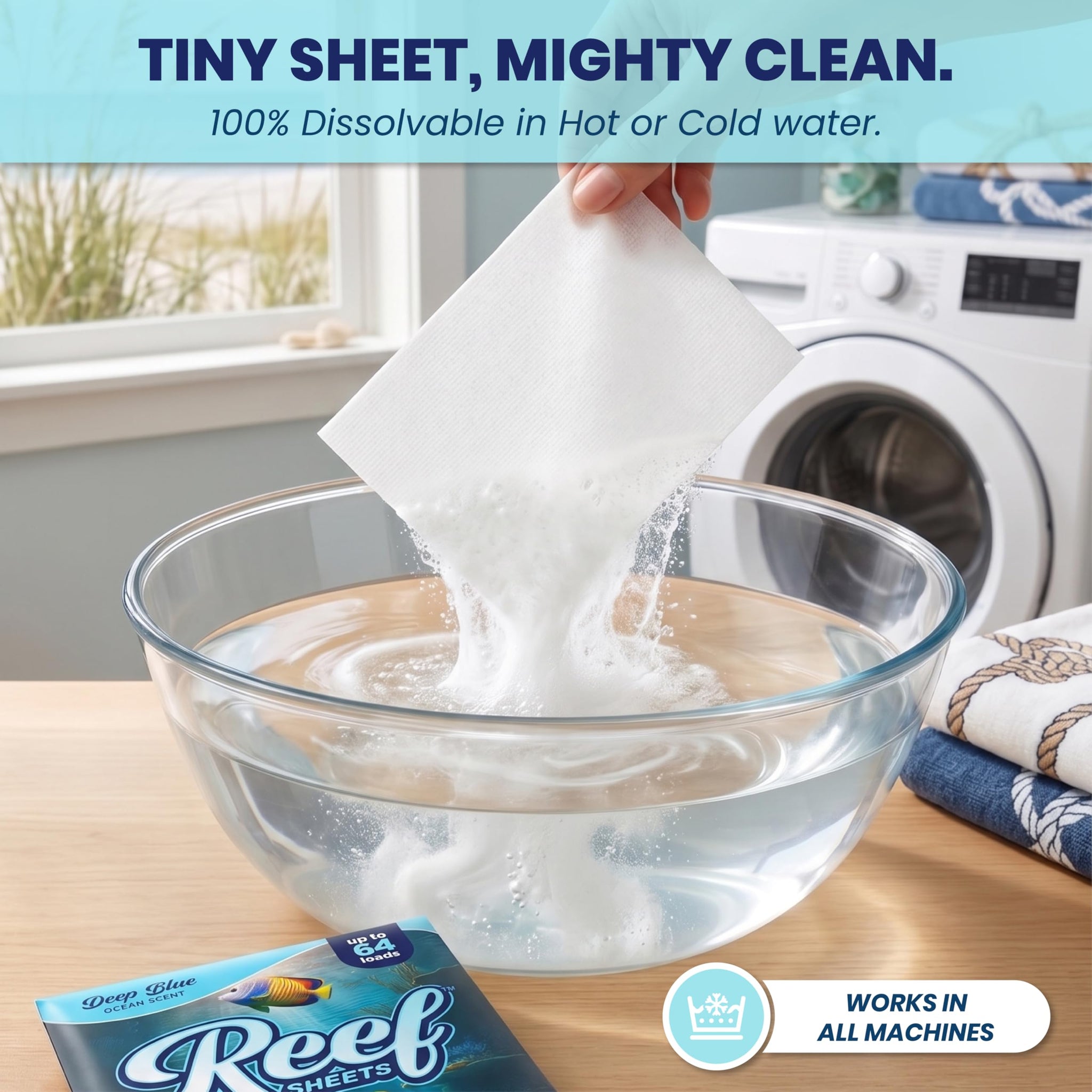 Reef Sheets Laundry Detergent Sheets, 64 loads, Hypoallergenic & Plastic-Free Eco-Friendly Packaging, Gentle on Skin, Tough on Stains