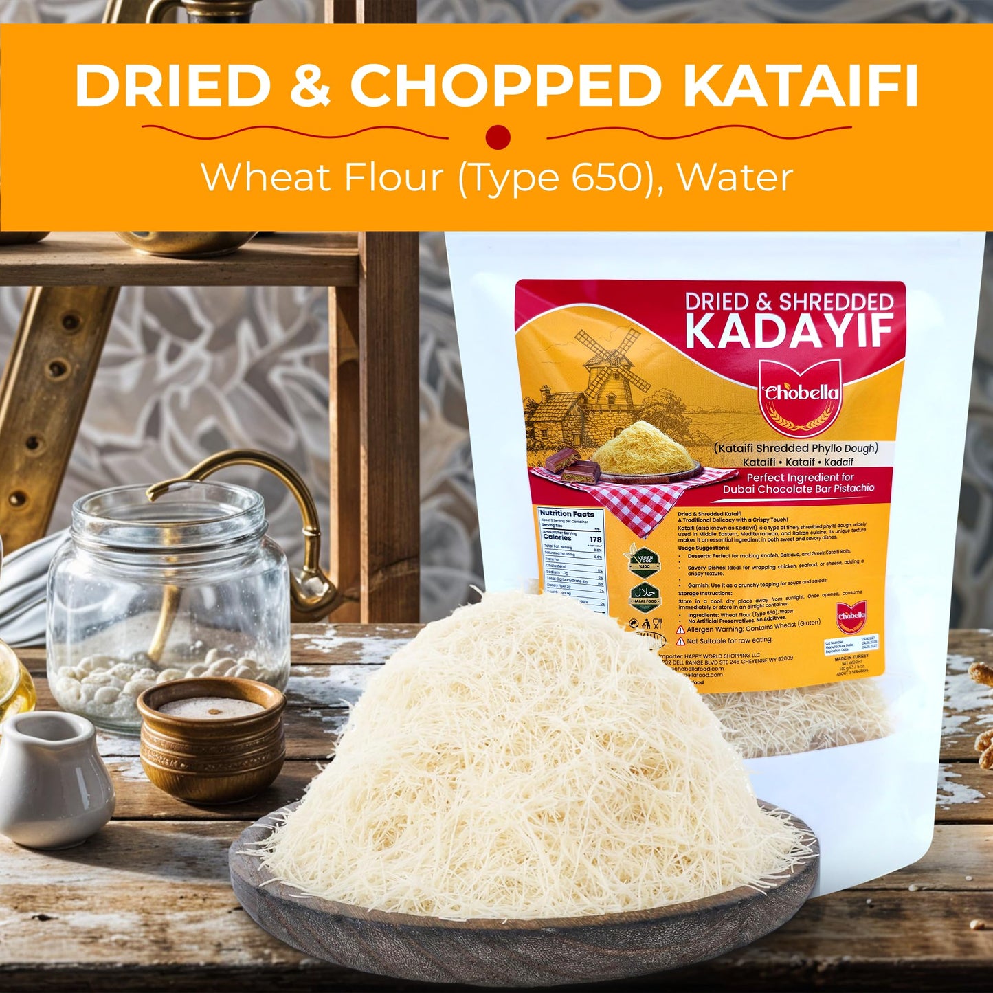 Chobella Premium Dried Kataifi Shredded Fillo Dough, Kurutulmus Kadayif Pastry Dough, Ingredient for Dubai Chocolate Bar Pistachio, Knafeh, Katafi