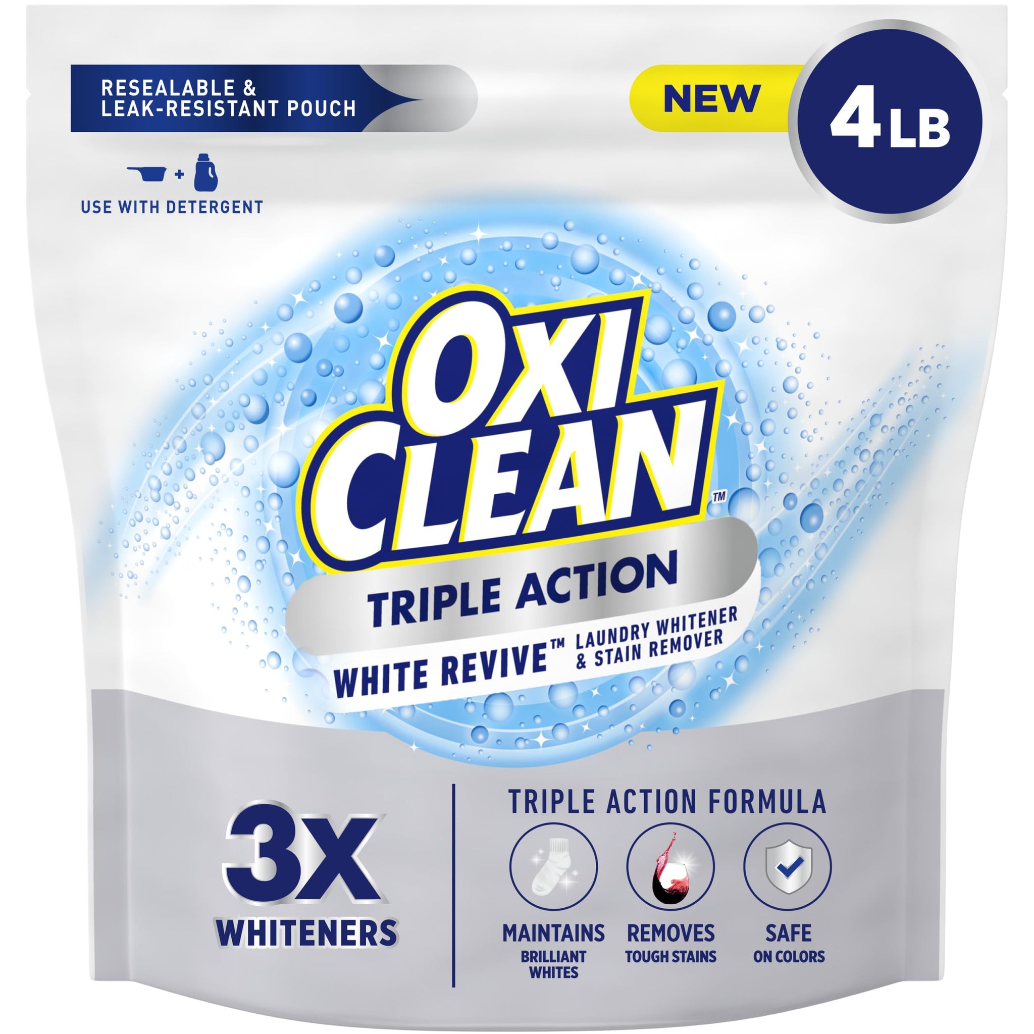OxiClean Triple Action White Revive Laundry Whitener and Stain Remover Powder, Use with Detergent, Whitens and Brightens Clothes, Removes Tough