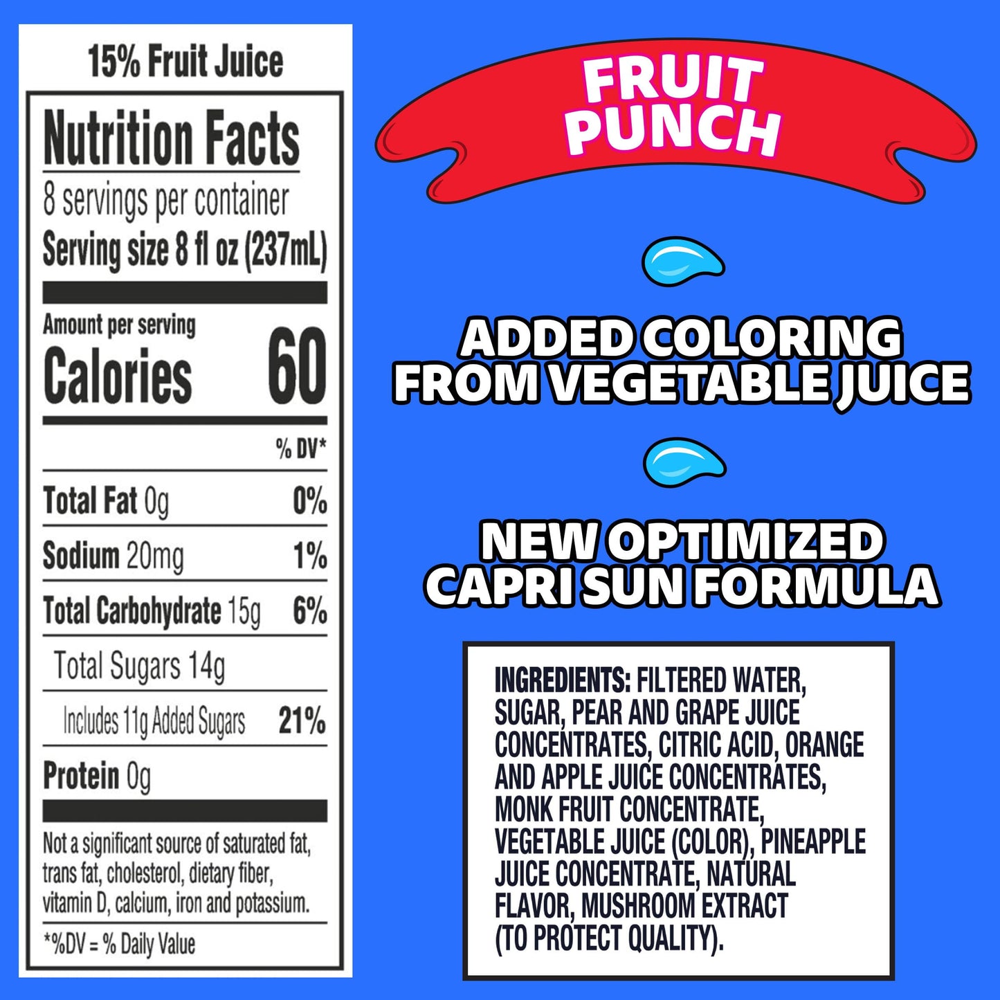 Capri Sun Flavored Juice Drink Blend with Other Natural Flavor, 1 Bottle, for School Lunches and On-the-Go Hydration, Fruit Punch, All Natural