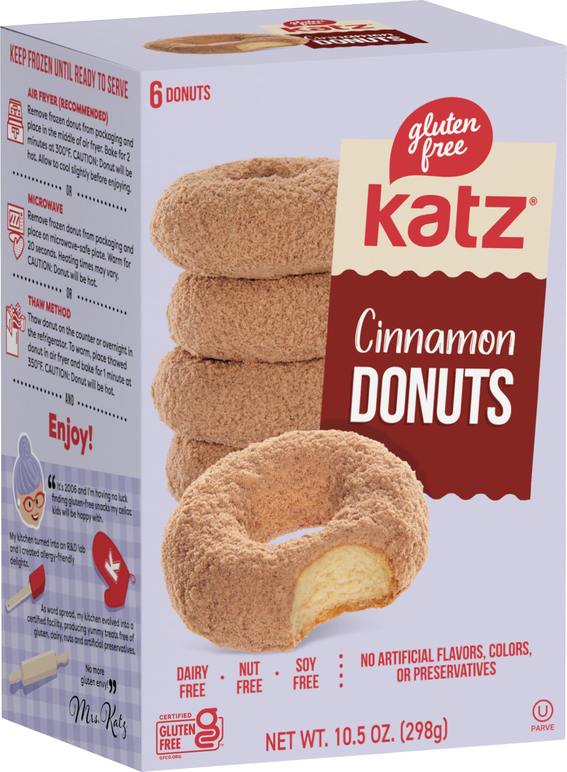 Katz Gluten Free Top 4 Donut Flavors Snack. Powdered, Glazed, Cinnamon, Chocolate Frosted. Free of Dairy, Soy, Tree Nuts and Peanuts, Kosher.