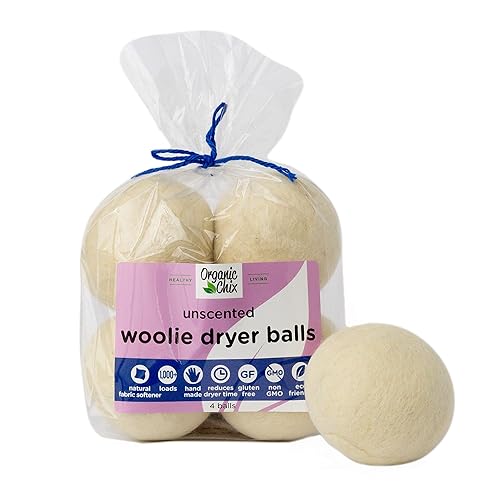 Organic Chix All Natural Unscented Dryer Balls - 100% Pure Wool, Reusable & Natural Alternative to Fabric Softener & Dryer Sheets - Handmade in USA