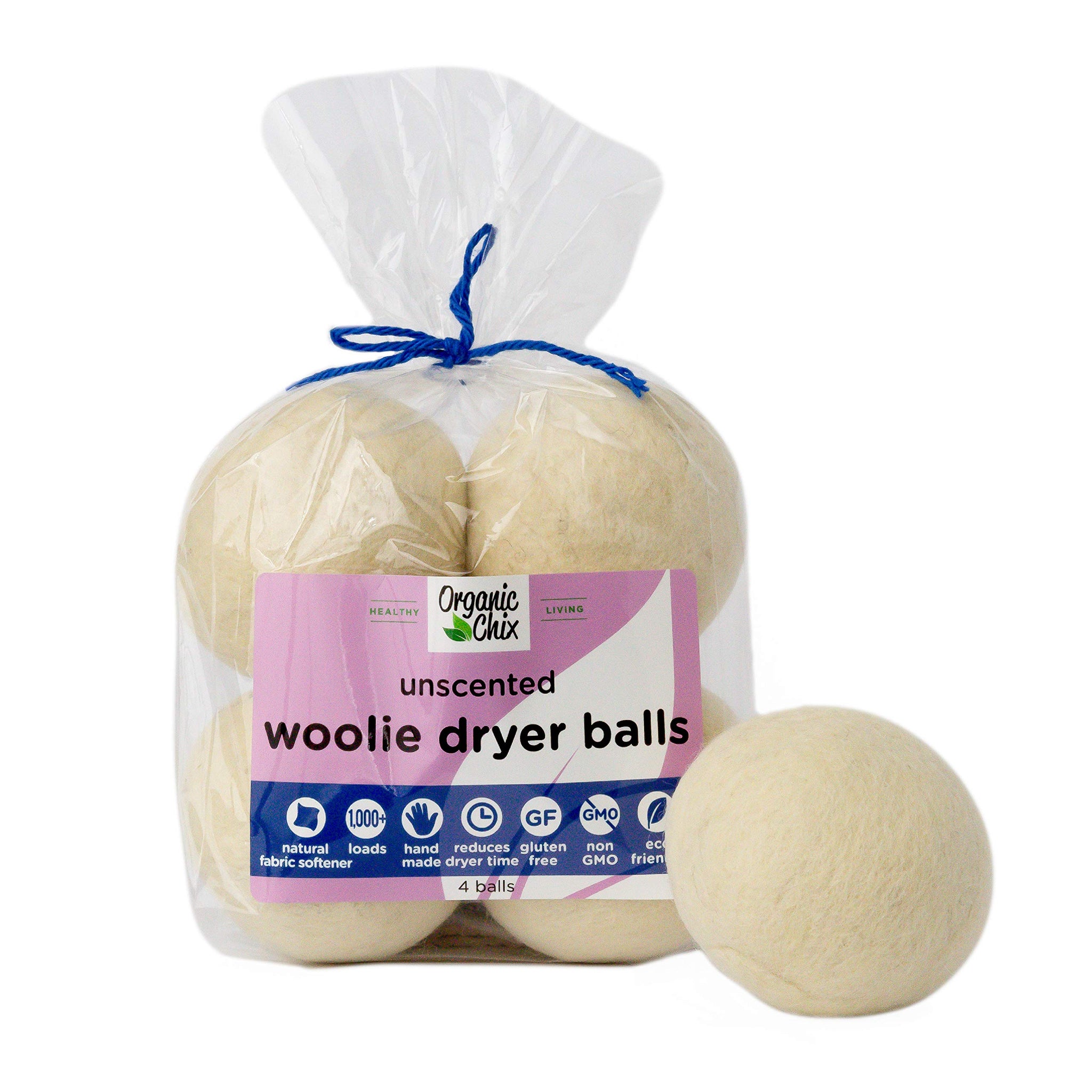 Organic Chix All Natural Unscented Dryer Balls - 100% Pure Wool, Reusable & Natural Alternative to Fabric Softener & Dryer Sheets - Handmade in USA