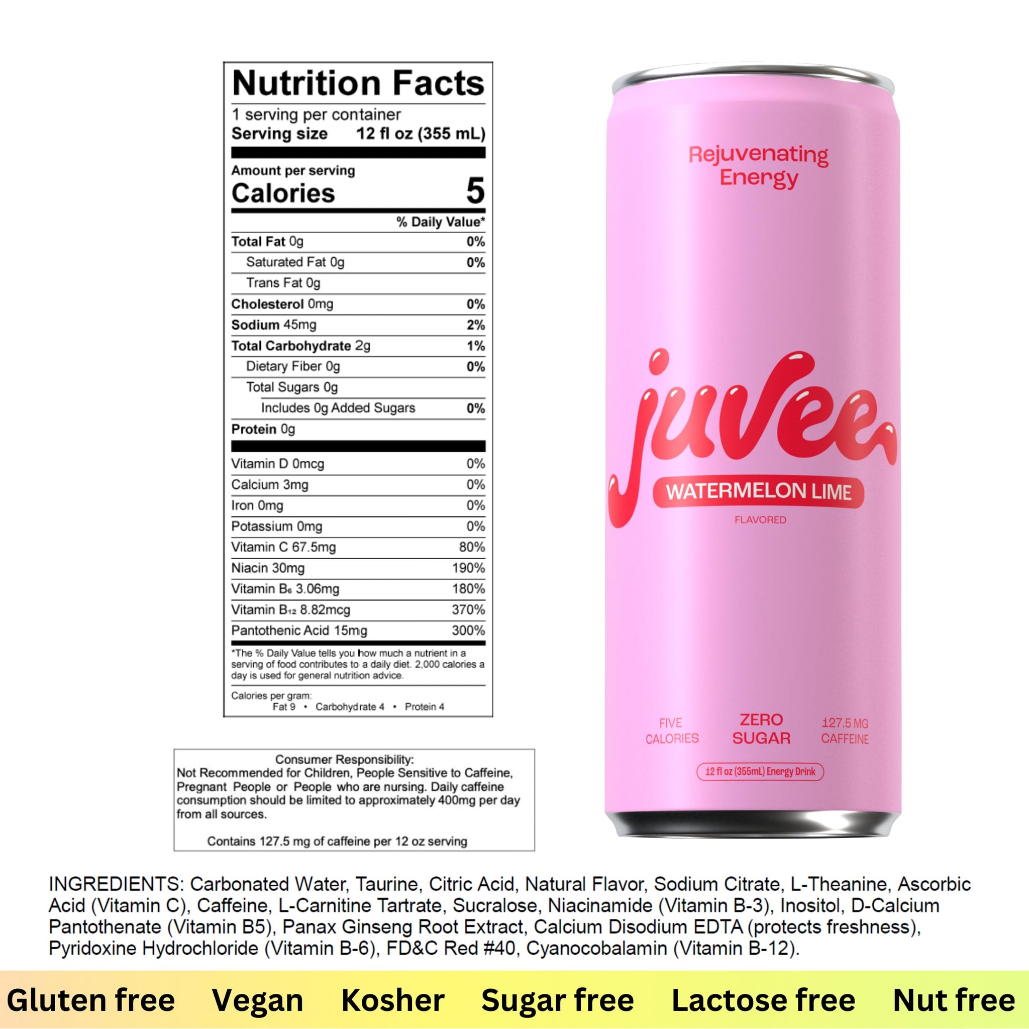 Juvee Rejuvenating Energy Drink - Sugar Free Watermelon Lime Flavor, 12 oz Cans (12-Pack) - 128mg Natural Caffeine, Zero Sugar, Low Calorie, Clean