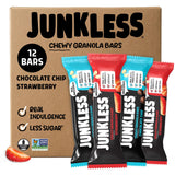 JUNKLESS Chewy Granola Bars Twin Pack - Chocolate Chip & Strawberry (12 Bars)-Less Sugar, Non-GMO, Gluten-Free, Wholesome Snack Bars for Kids