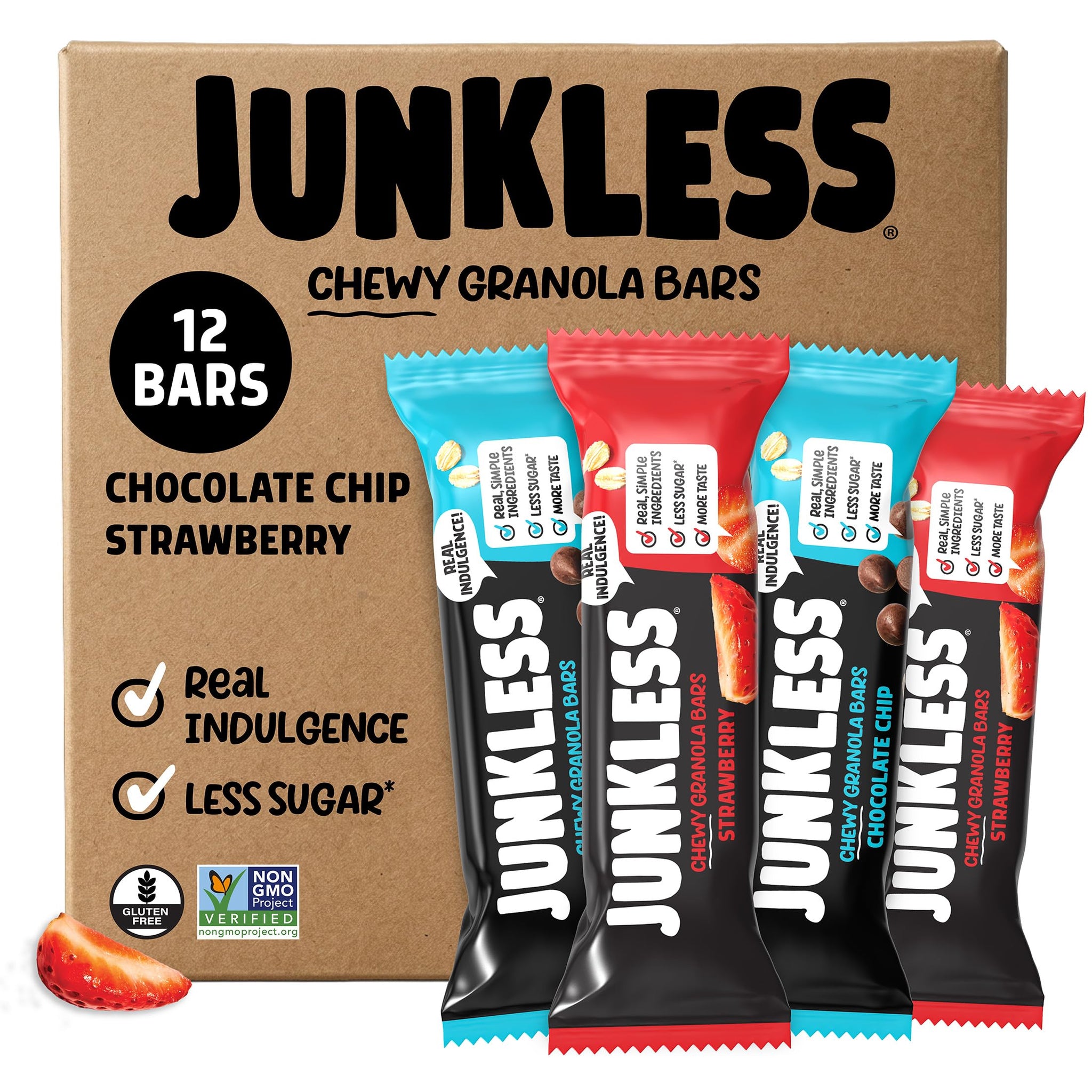 JUNKLESS Chewy Granola Bars Twin Pack - Chocolate Chip & Strawberry (12 Bars)-Less Sugar, Non-GMO, Gluten-Free, Wholesome Snack Bars for Kids