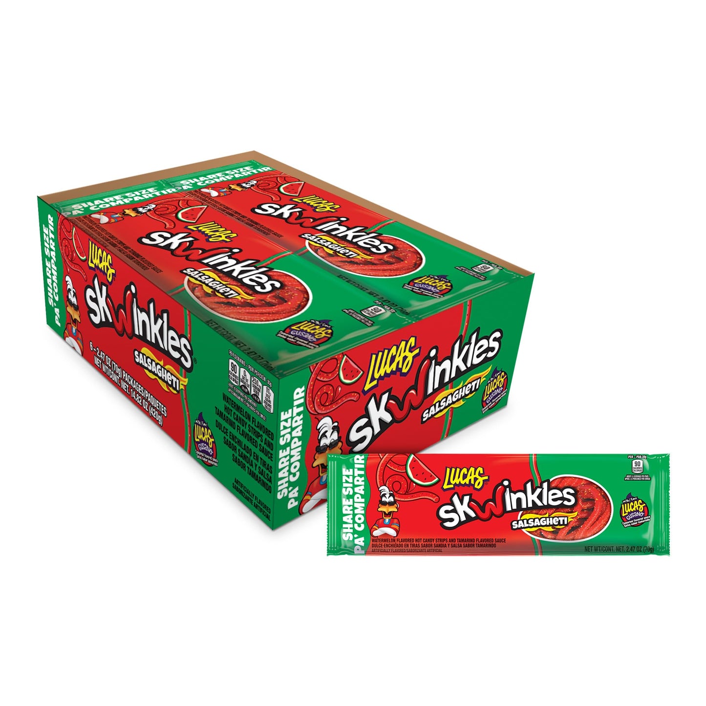 Lucas Salsagheti Watermelon Flavored Sweet & Hot Candy Strips and Tamarind Flavored Sauce, King Size 2.4 oz - 6 Pieces Pack for Treats, Snack