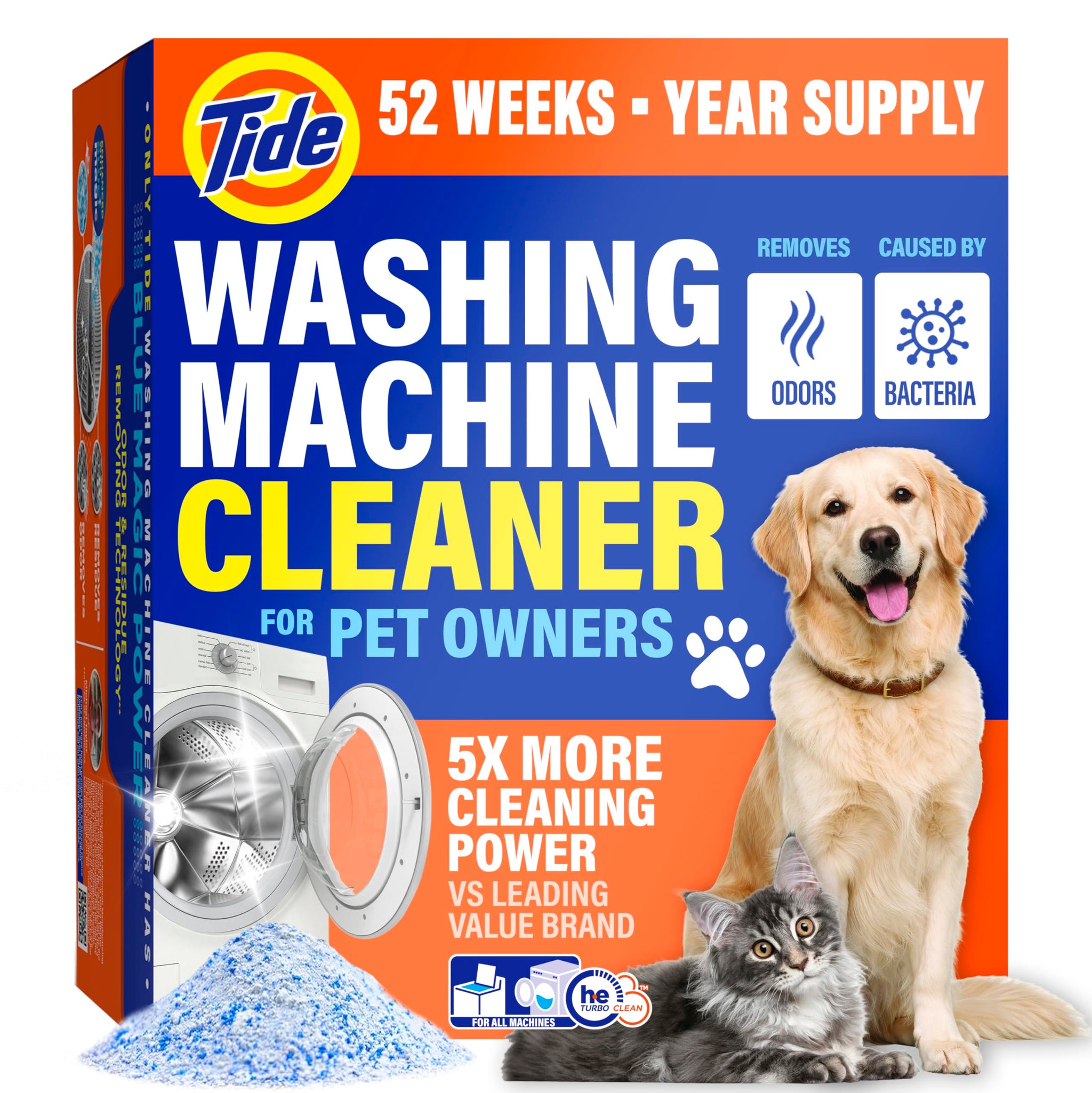 Tide Pet Washing Machine Cleaner 52 Week Supply with Oxi for Front and Top Loader Washer Machines, Deep Cleaning Residue & Odor Eliminator, 12 Month