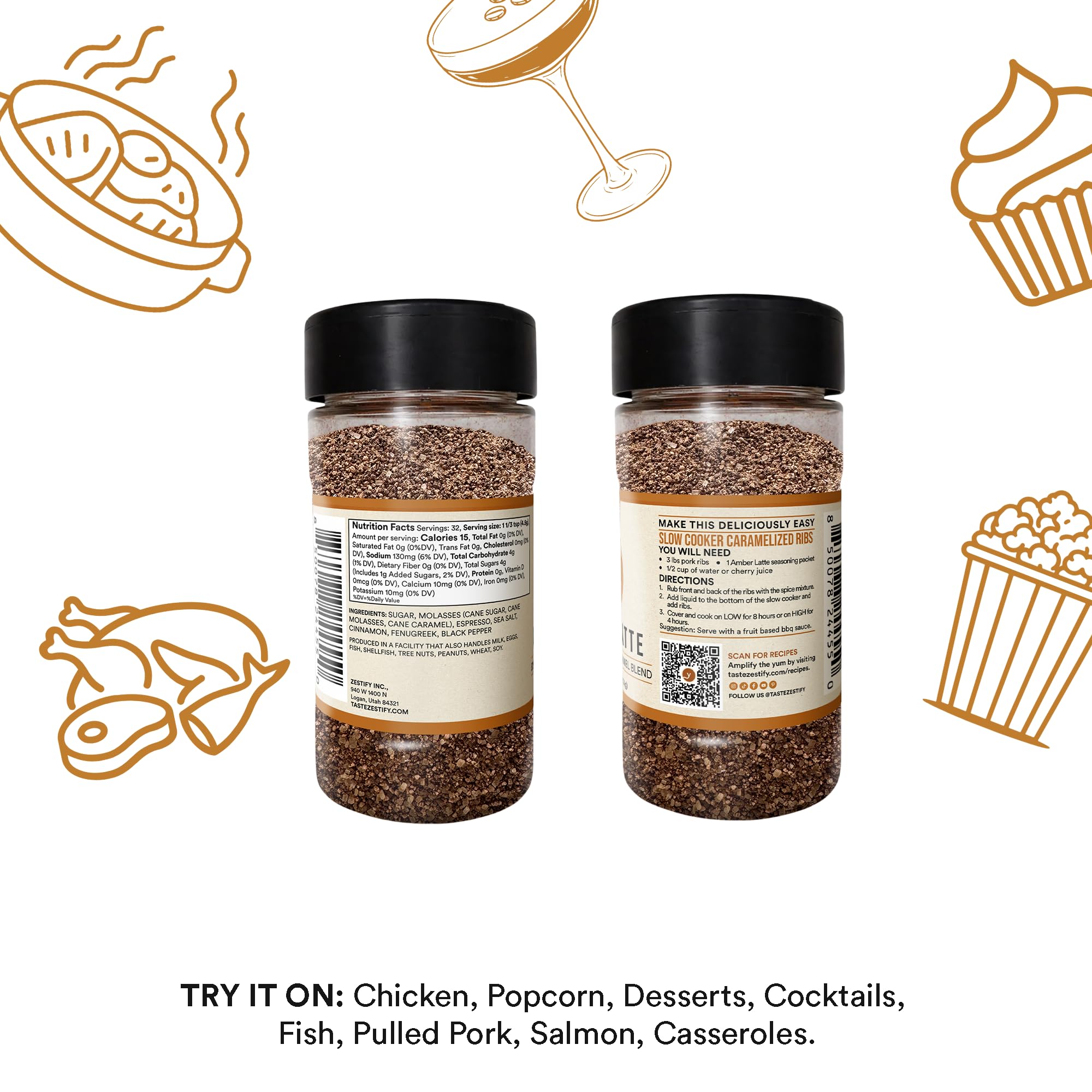 Zestify Amber Latte - Espresso Salted Caramel Seasoning Blend |BBQ Grilling, Popcorn Topper, Desserts, & Breakfast | Gourmet Spice Mix (5.3 oz Shaker)
