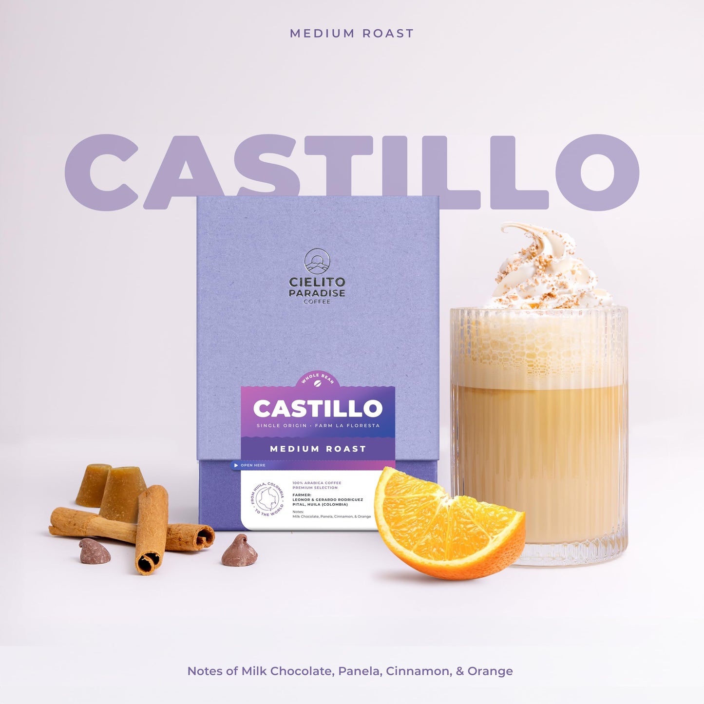 Cielito Paradise Castillo Coffee - Medium Roast Whole Bean from Huila Colombia, Silky with Milk Chocolate, Panela, Cinnamon & Orange, 12oz