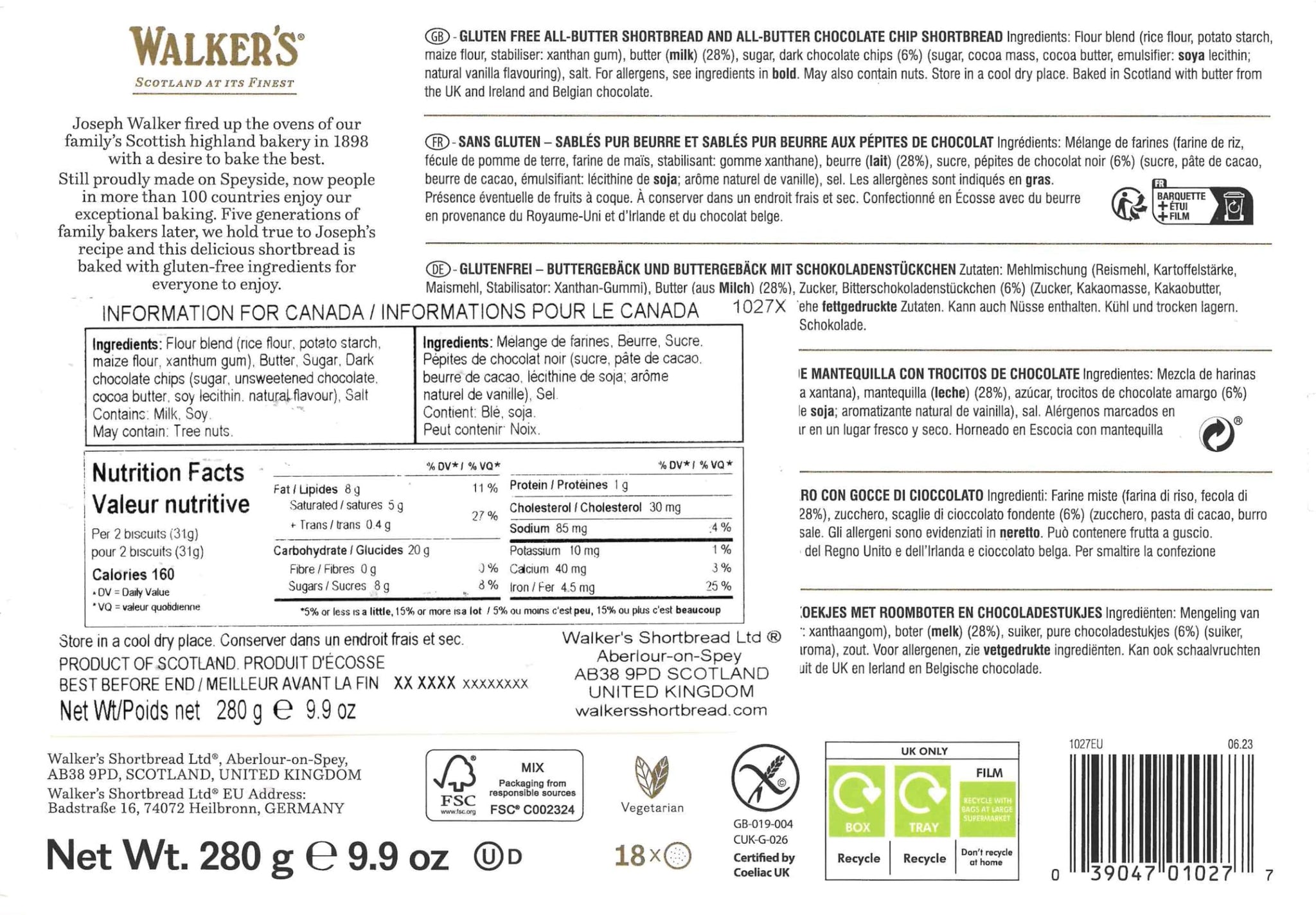 Walker’s Gluten Free Shortbread Cookies - 9.9 oz Shortbread Cookie Box - Includes Assortment of Shortbread Rounds and Chocolate Chip Cookies