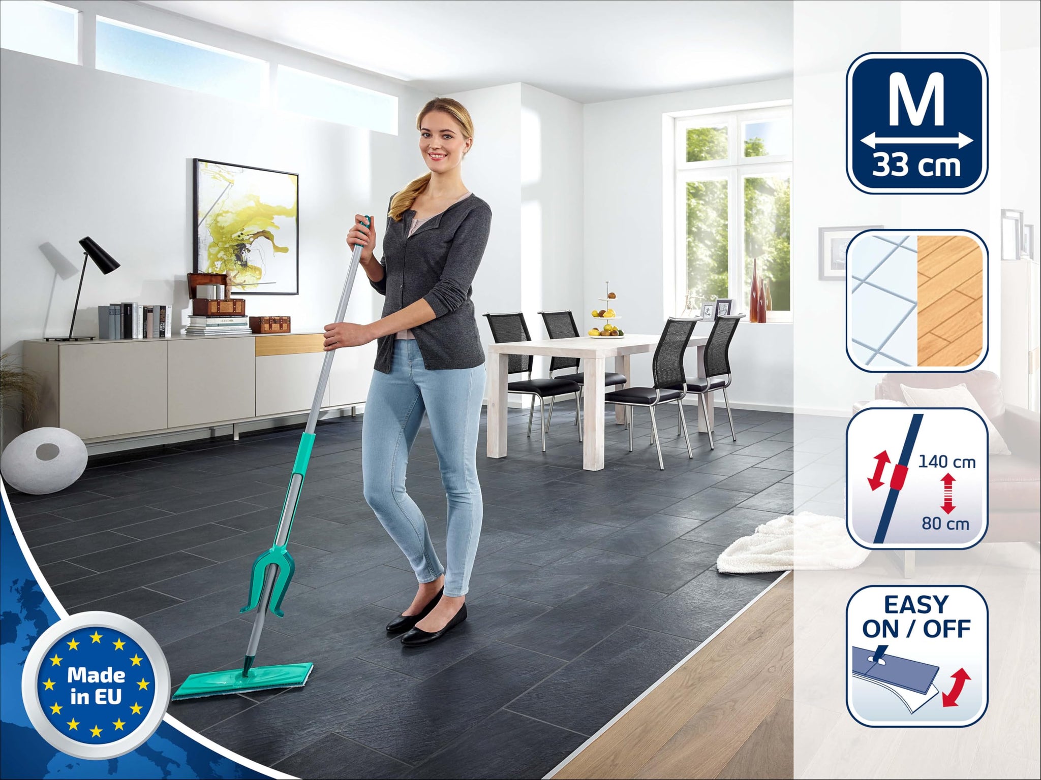 Leifheit Picobello Plus XL Micro Floor Wiper with Telescopic Handle, Floor Cleaner, 57029