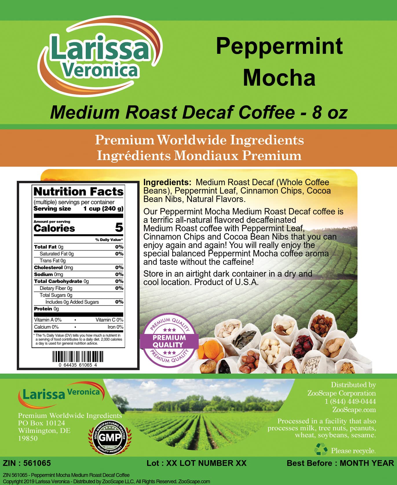 Peppermint Mocha Medium Roast Decaf Coffee (Gourmet, Naturally Flavored, Whole Coffee Beans) (8 oz, ZIN: 561065) - 2 Pack