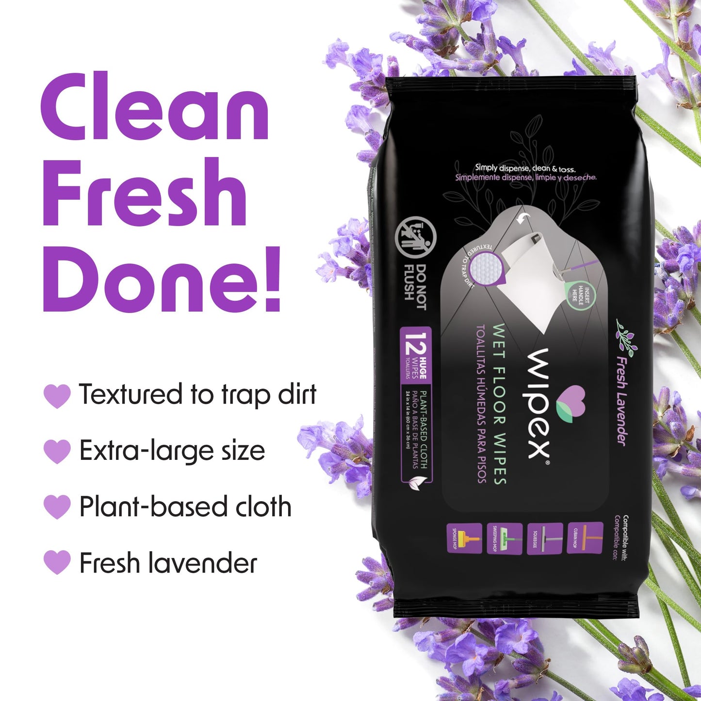 Wipex XL Wet Floor Wipes for Squeegee Stick, Cuban Mop or Sweeping Mop, Plant Based Multi Surface Cleaning Wipes, Lavender Scent, Huge Disposable