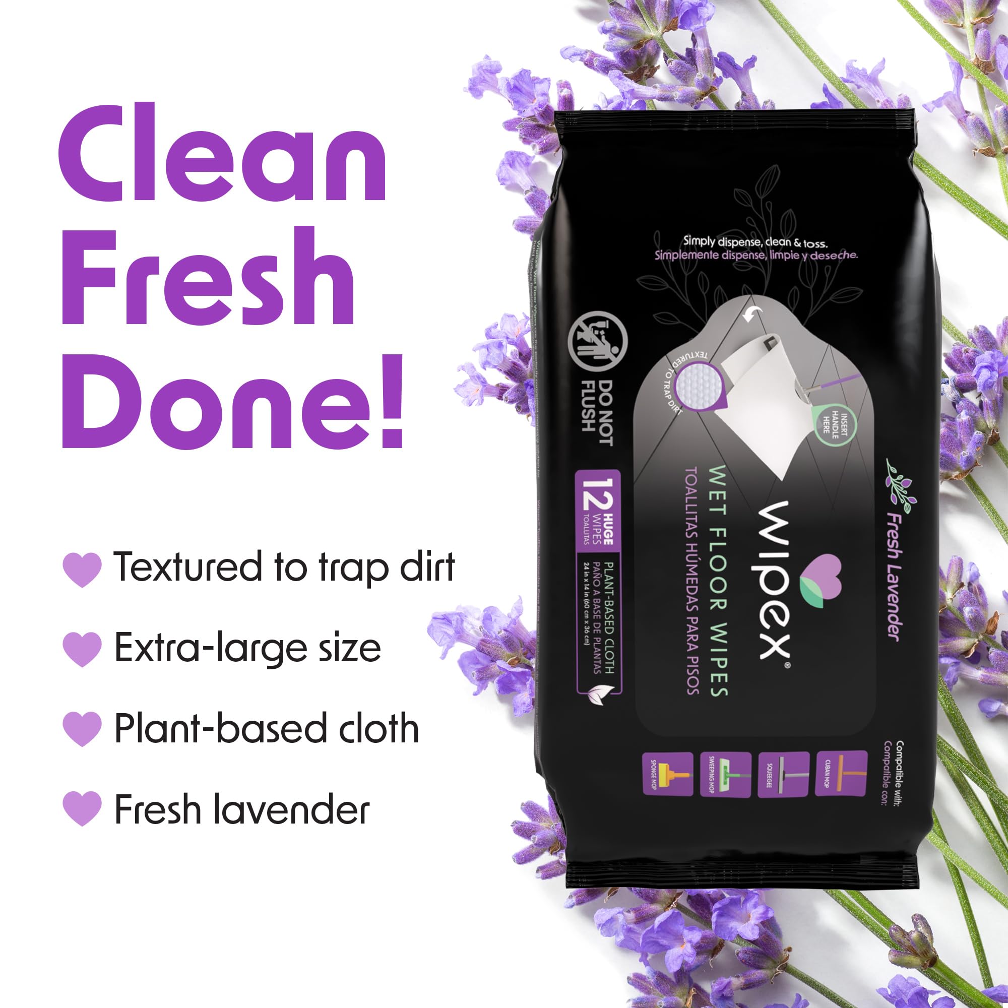 Wipex XL Wet Floor Wipes for Squeegee Stick, Cuban Mop or Sweeping Mop, Plant Based Multi Surface Cleaning Wipes, Lavender Scent, Huge Disposable