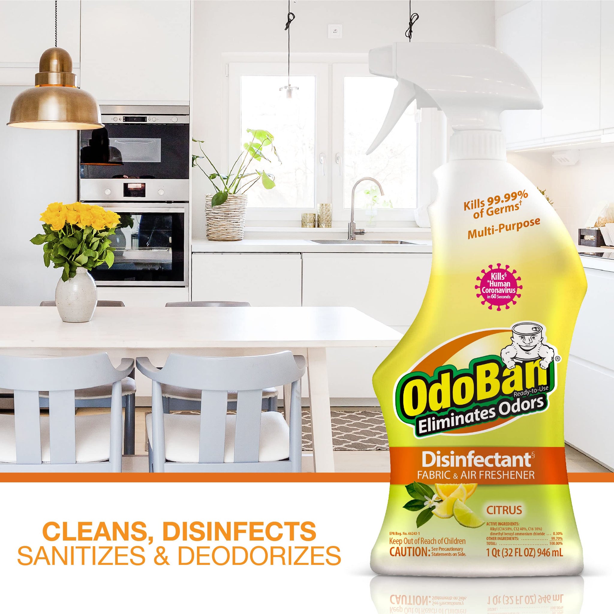 OdoBan 360-Degree Continuous Spray Natural Oil Real Citrus Orange Air Freshener, 10 Ounce, and Multipurpose Disinfectant Cleaner, 32 Ounce Spray, Made