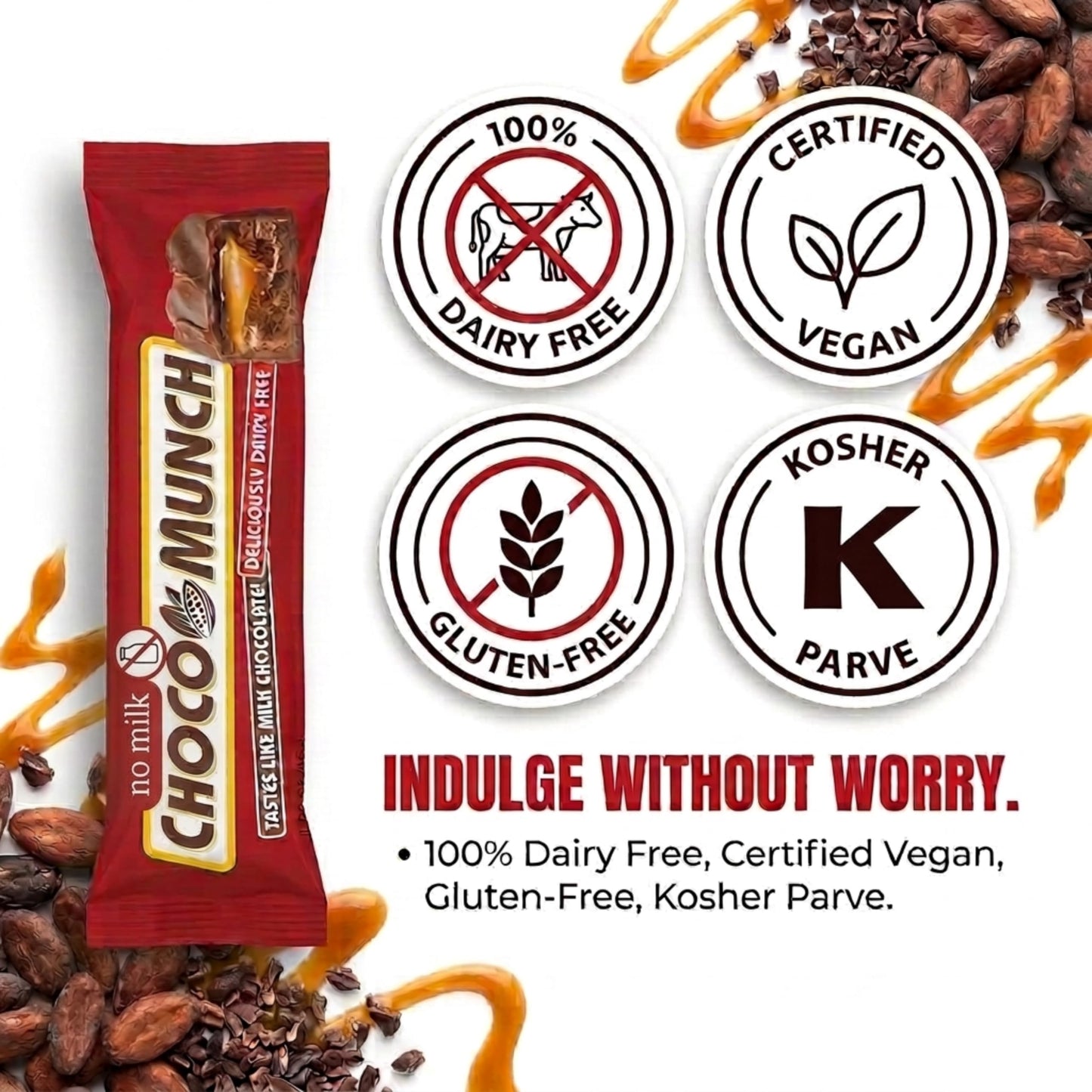 Dairy Free Chocolate Candy Bar with Caramel & Nougat - Vegan, Gluten Free, Kosher Parve - Tastes Like Milk Chocolate - Choco Munch Snack Bars (1)