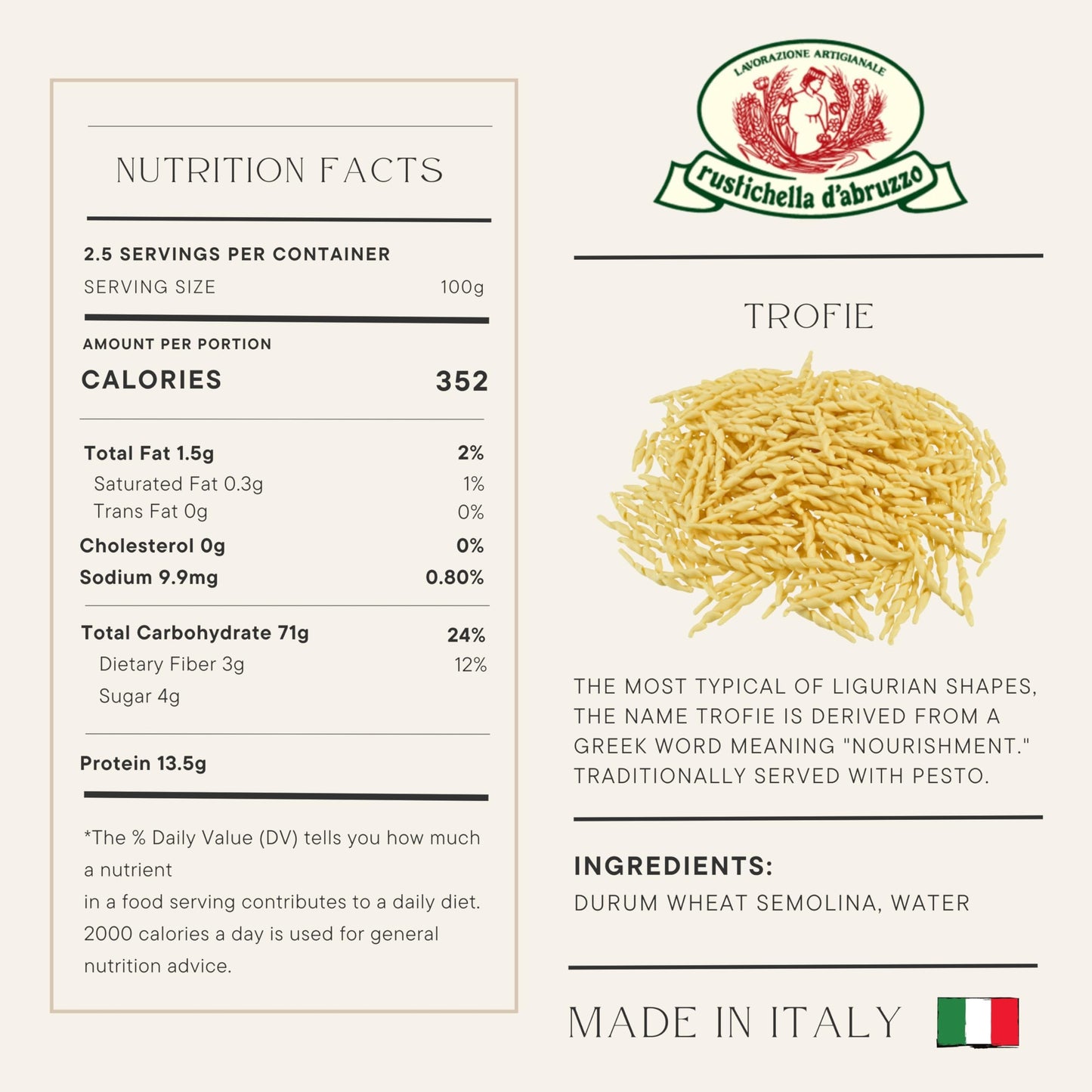 Rustichella d'Abruzzo Trofie Pasta, Authentic Italian Durum Wheat Semolina, Traditional Ligurian Shape for Pesto, Soups & Cold Dishes, Classic Small