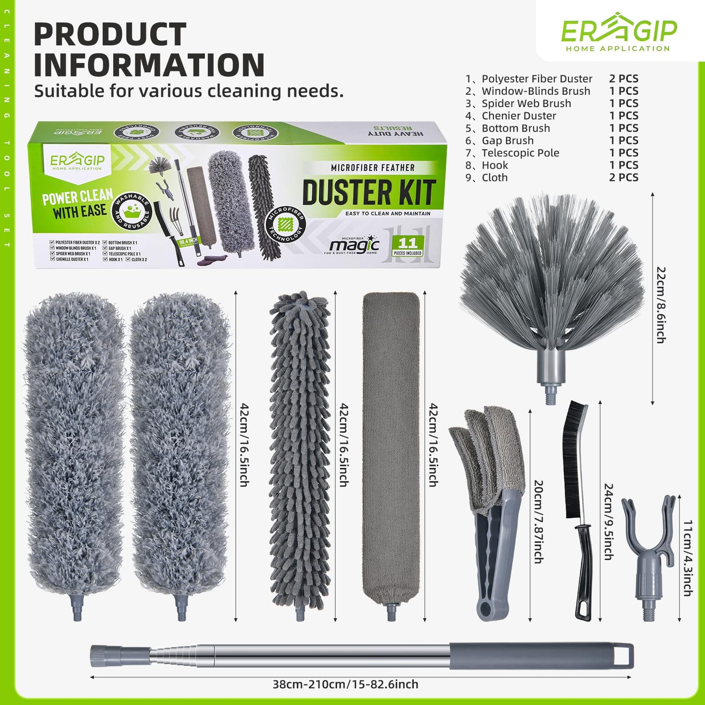 Extendable Feather Duster with Extension Pole 30 to 100 Inches, 11 Pcs Cleaning Kit with Microfiber Feather Dusters, Crevice Cleaning Brush