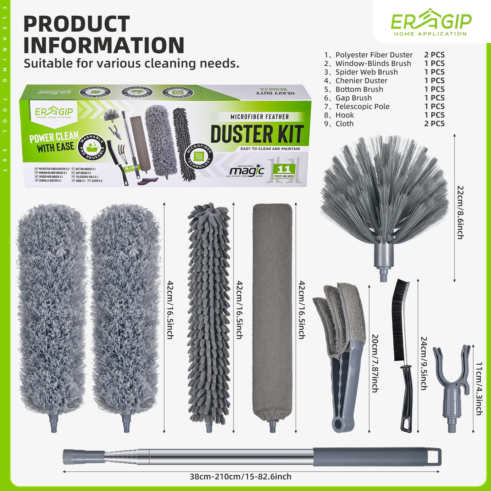 Extendable Feather Duster with Extension Pole 30 to 100 Inches, 11 Pcs Cleaning Kit with Microfiber Feather Dusters, Crevice Cleaning Brush