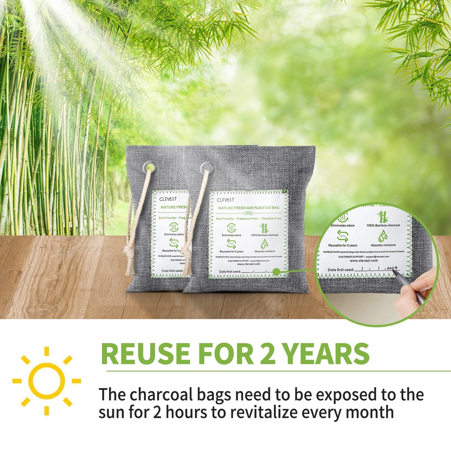 CLEVAST Bamboo Charcoal Air Purifying Bags - (Large, 4×200g), Removes Odors and Moisture, Nature Fresh Air Purifier Bags, Odor Eliminator for Home