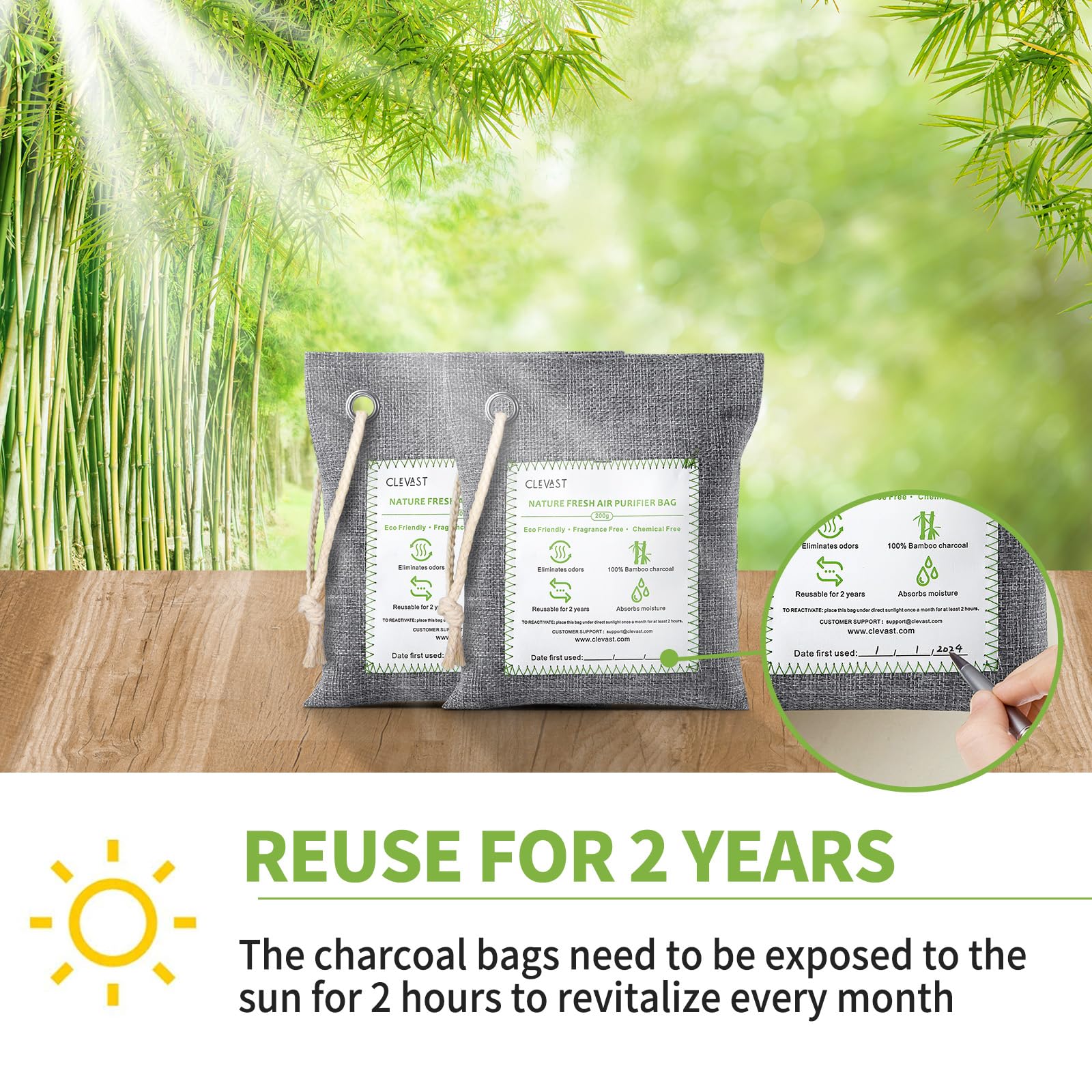 CLEVAST Bamboo Charcoal Air Purifying Bags - (Large, 4×200g), Removes Odors and Moisture, Nature Fresh Air Purifier Bags, Odor Eliminator for Home