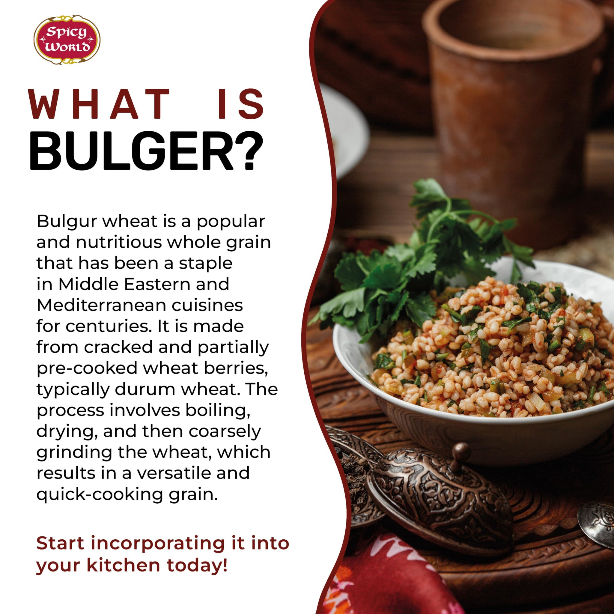 Spicy World Bulgur Coarse #3, 4 LB Bag | Excellent USA Grown Bulgur Wheat for Tabouleh | 100% Natural & Pure | Great for Vegan Recipes
