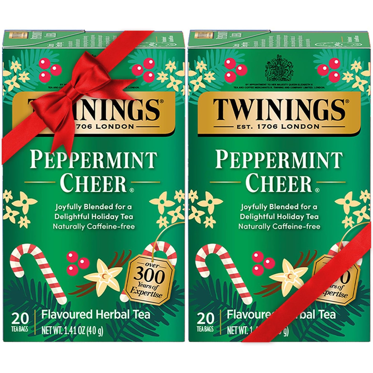 Twinings Tea, Peppermint Cheer 2-Pack, Naturally Caffeine-Free and Vanilla Flavoured Herbal Tea Bags, Individually Wrapped, 20 Count Each