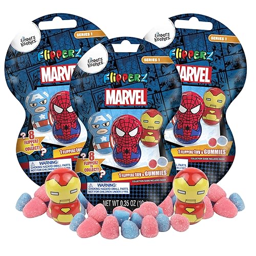 Flipperz Marvel Superhero Finders Keepers with Assorted Gummies, Individually Wrapped Candy, Collectible Character Inside, Basket Stuffer Gifts, 0.35