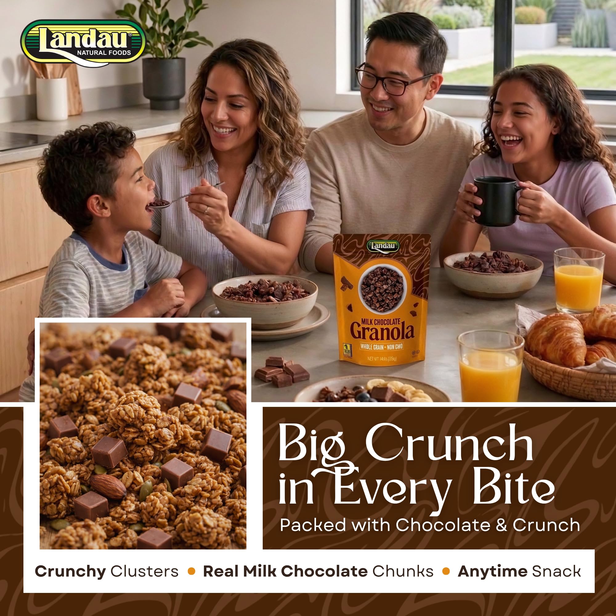 Landau Milk Chocolate Granola - Crunchy Whole Grain Oats with Real Chocolate Chunks - Non-GMO, Kosher Certified Diary Granola - Breakfast, Snack