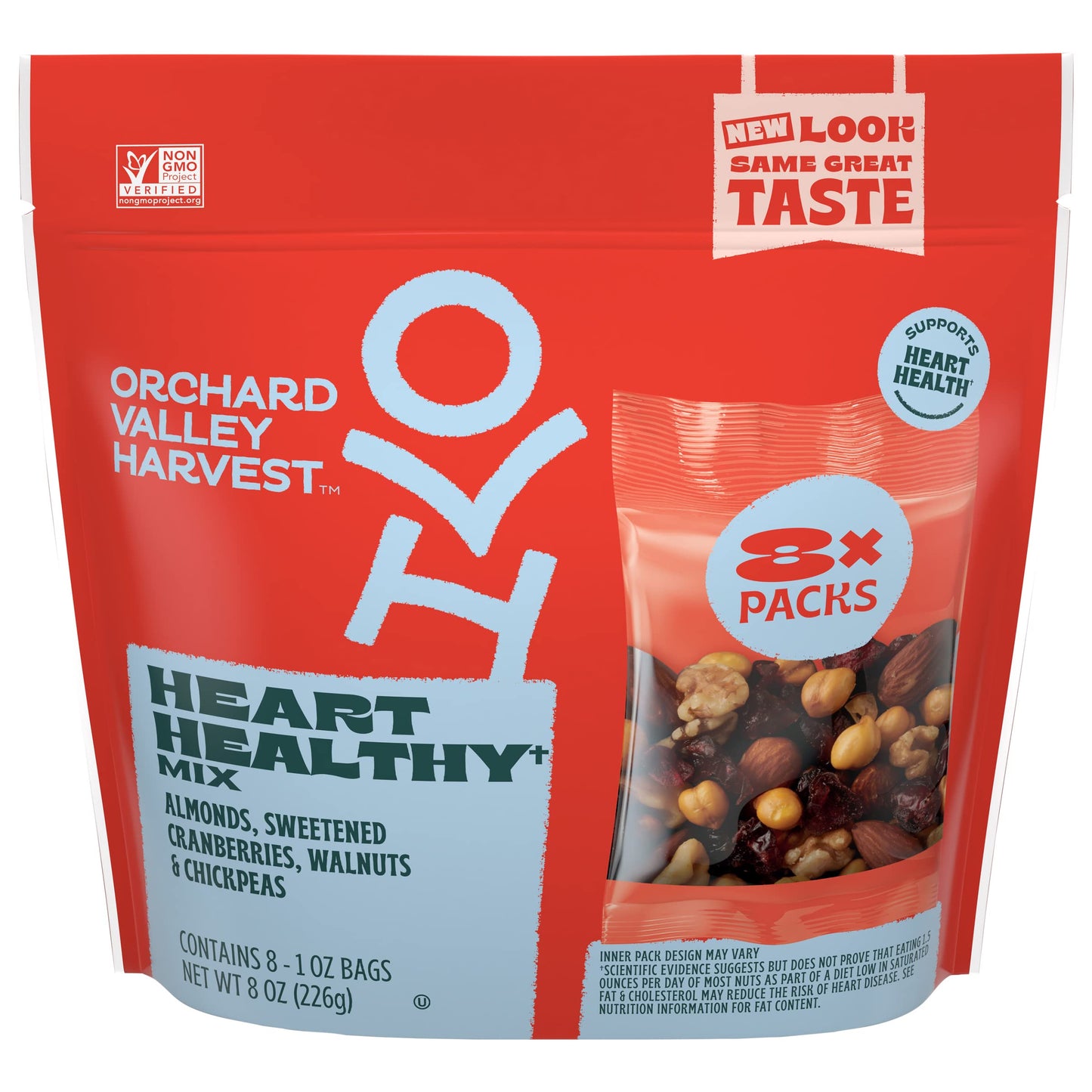 Orchard Valley Harvest Heart Healthy Blend, 1 Ounce Bags (Pack of 8), Almonds, Cranberries, Walnuts, and Chickpeas, Gluten Free, Non-GMO, No