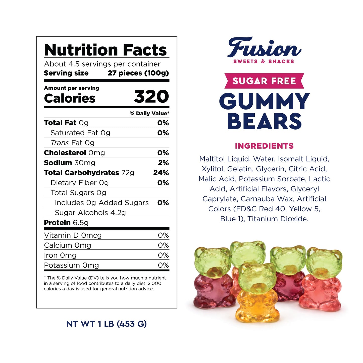 Sugar Free Gummy Bears 1 Pound Bulk Bag, 3D Chewy Candy, Assorted Fruit Flavors, Sugar Free Gummies, Fat Free Gummy, Diabetic Candy