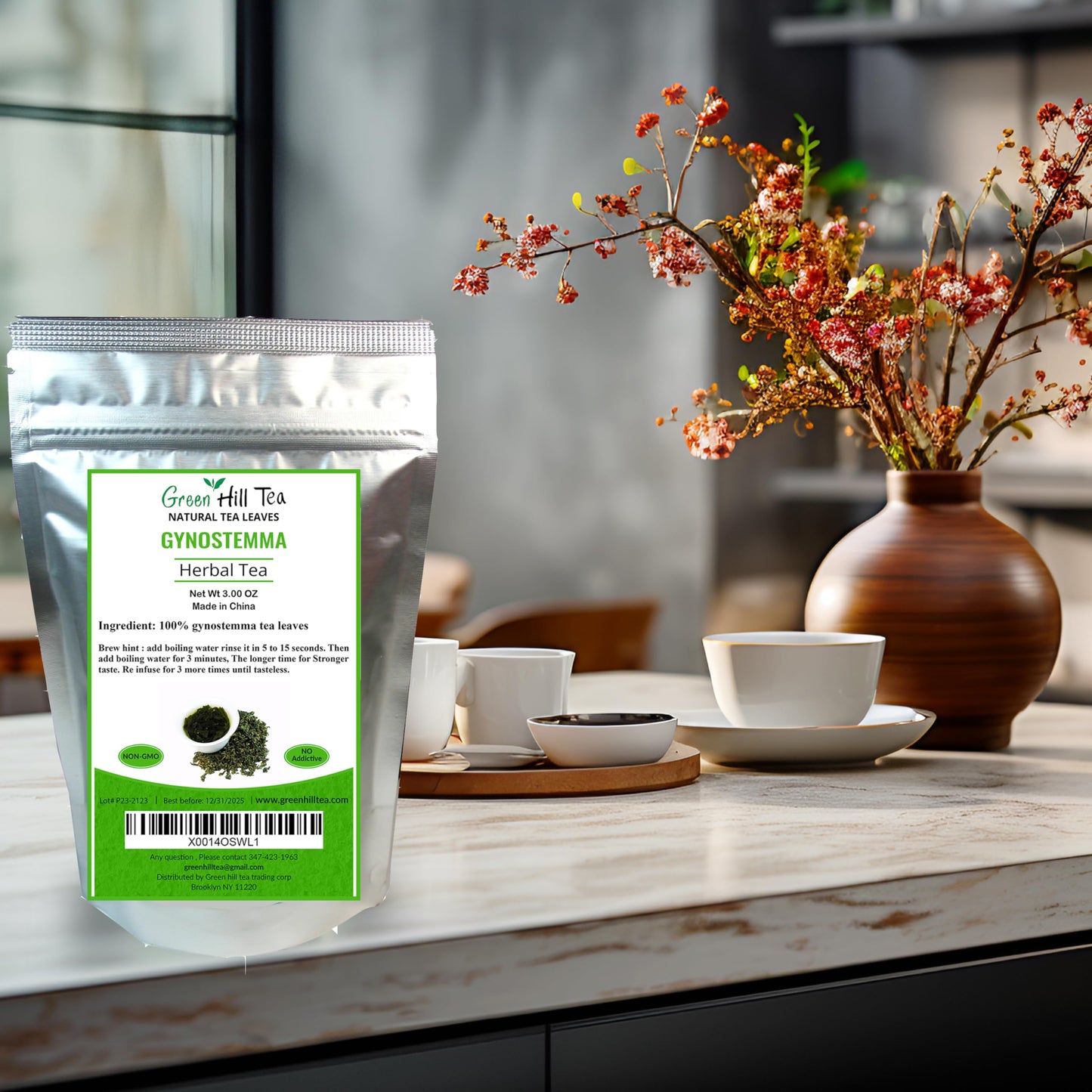 Green Hill Tea Jiaogulan Loose Leaf Tea - Caffeine-Free Ginseng Variety - Pure Gynostemma Herbal Tea - Non GMO 3 OZ packed in foil ziplock bag