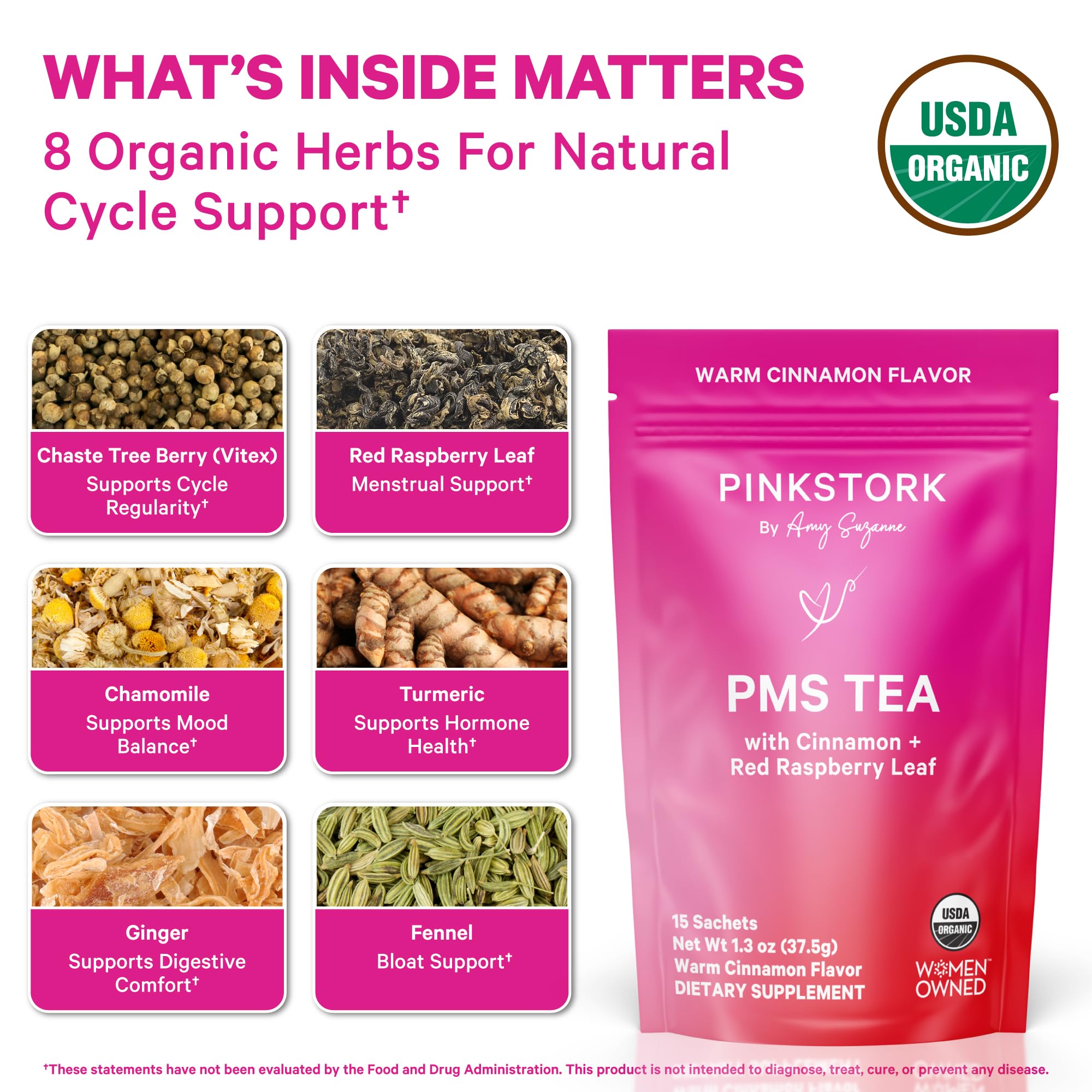 Pink Stork Organic PMS Tea for Hormone Balance, Mood Swings, Bloating, and Period Regularity - 8 Herbs - Vitex, Red Raspberry Leaf, Chamomile