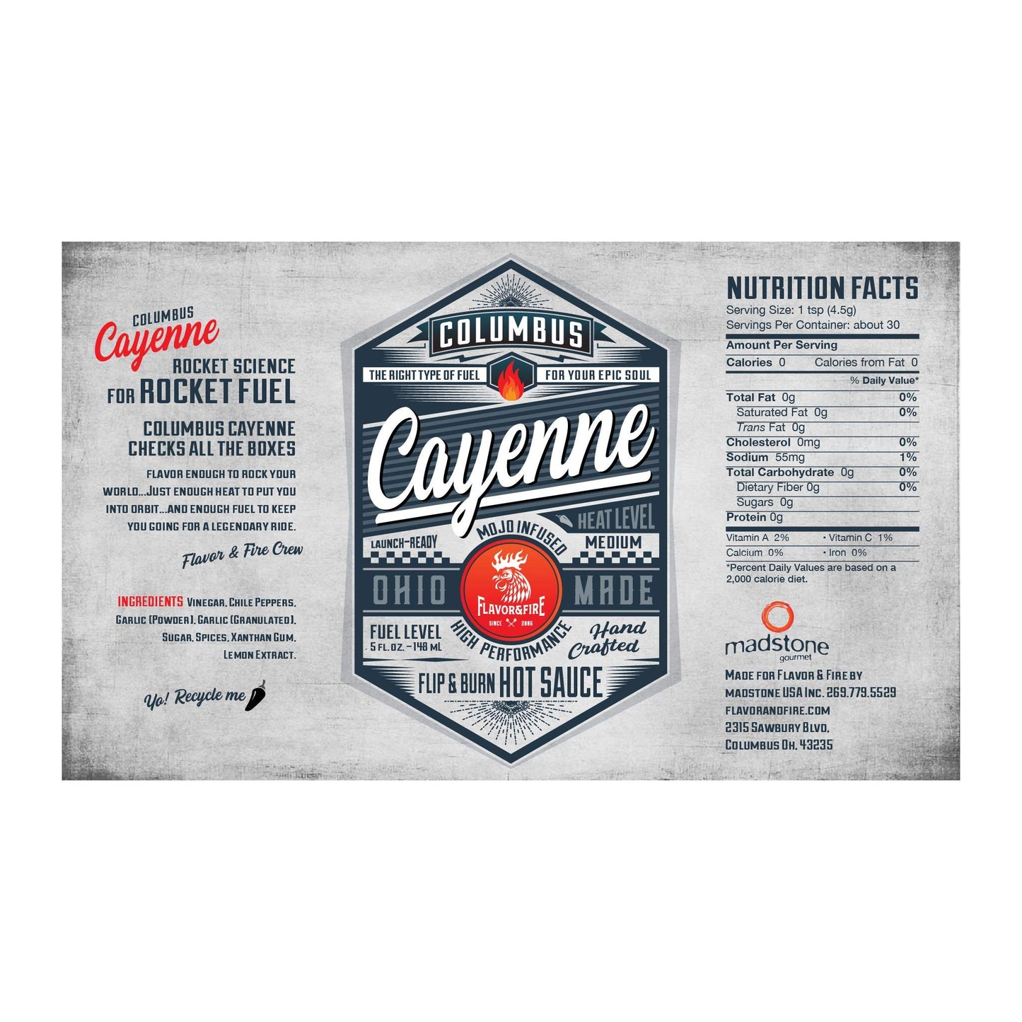 Flavor and Fire Foods, Cayenne, Columbus Hot Sauce, Pepper Infused, Award Winning, North Market Hot Sauce, Amazing Flavor, Great on Meat, Poultry