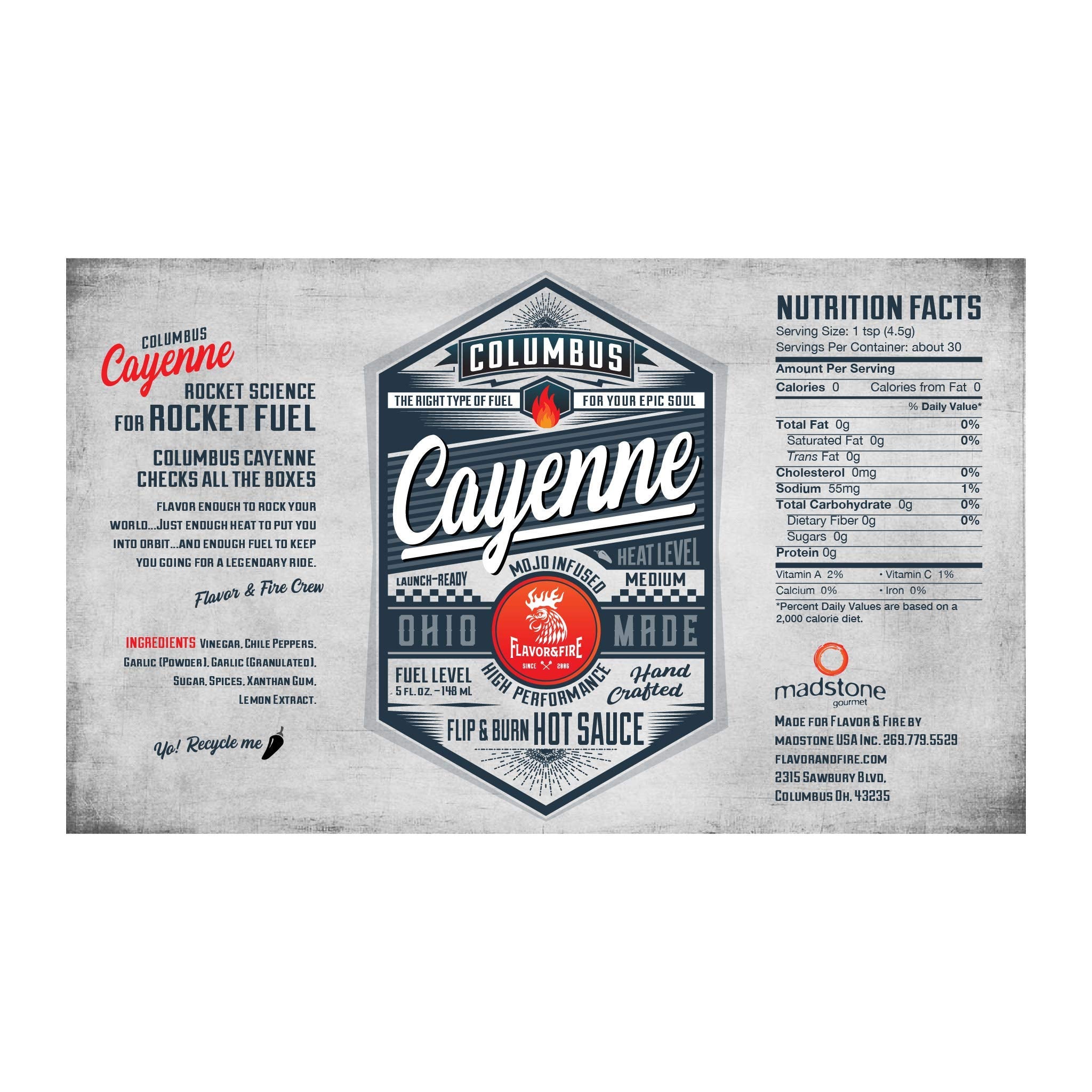 Flavor and Fire Foods, Cayenne, Columbus Hot Sauce, Pepper Infused, Award Winning, North Market Hot Sauce, Amazing Flavor, Great on Meat, Poultry