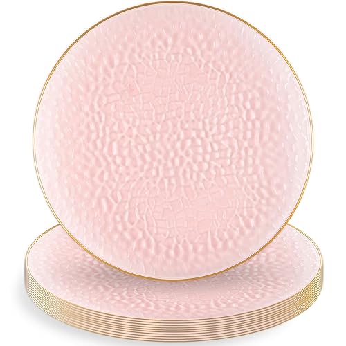 Blue Sky Organic Hammered Pink Gold Rim Plates - 10 Count, 7" | Round Disposable Plastic, Elegant Design for Parties & Events