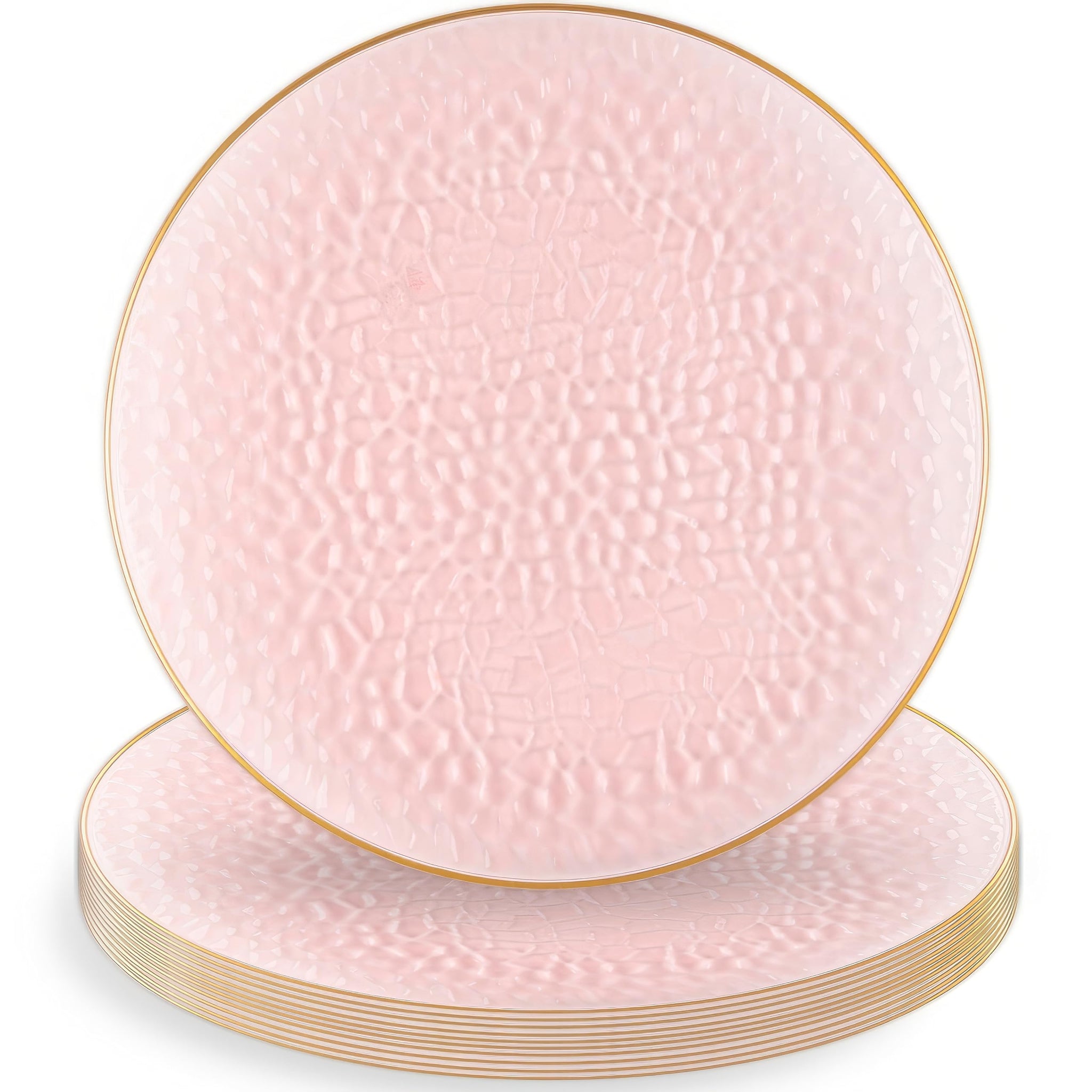 Blue Sky Organic Hammered Pink Gold Rim Plates - 10 Count, 7" | Round Disposable Plastic, Elegant Design for Parties & Events