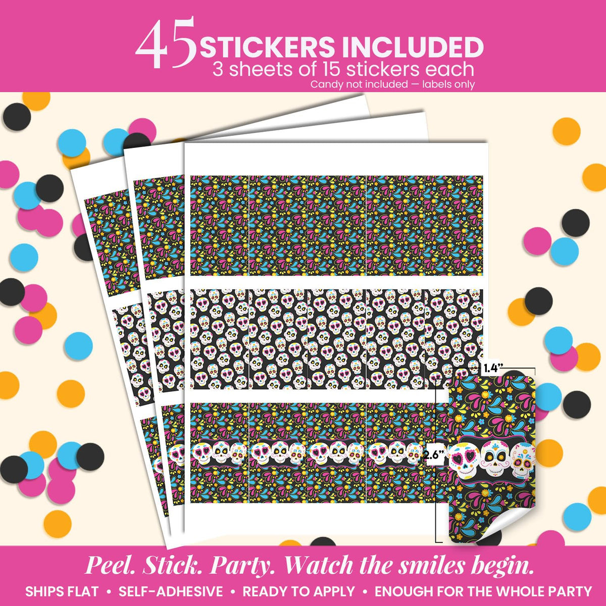 Sugar Skull Day of The Dead, Dia De Los Muertos Halloween Themed Mini Chocolate Candy Bar Sticker Wrappers, 45 1.4" x 2.6" Wrap Around Labels by