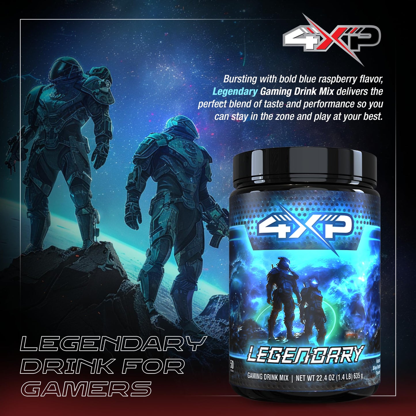 4XP Legendary Blue Raspberry Gaming Energy Drink Mix| Low-Cafeine Nootropic Powder with B Vitamins & Bold Blue Raspberry Flavor for Gamers |
