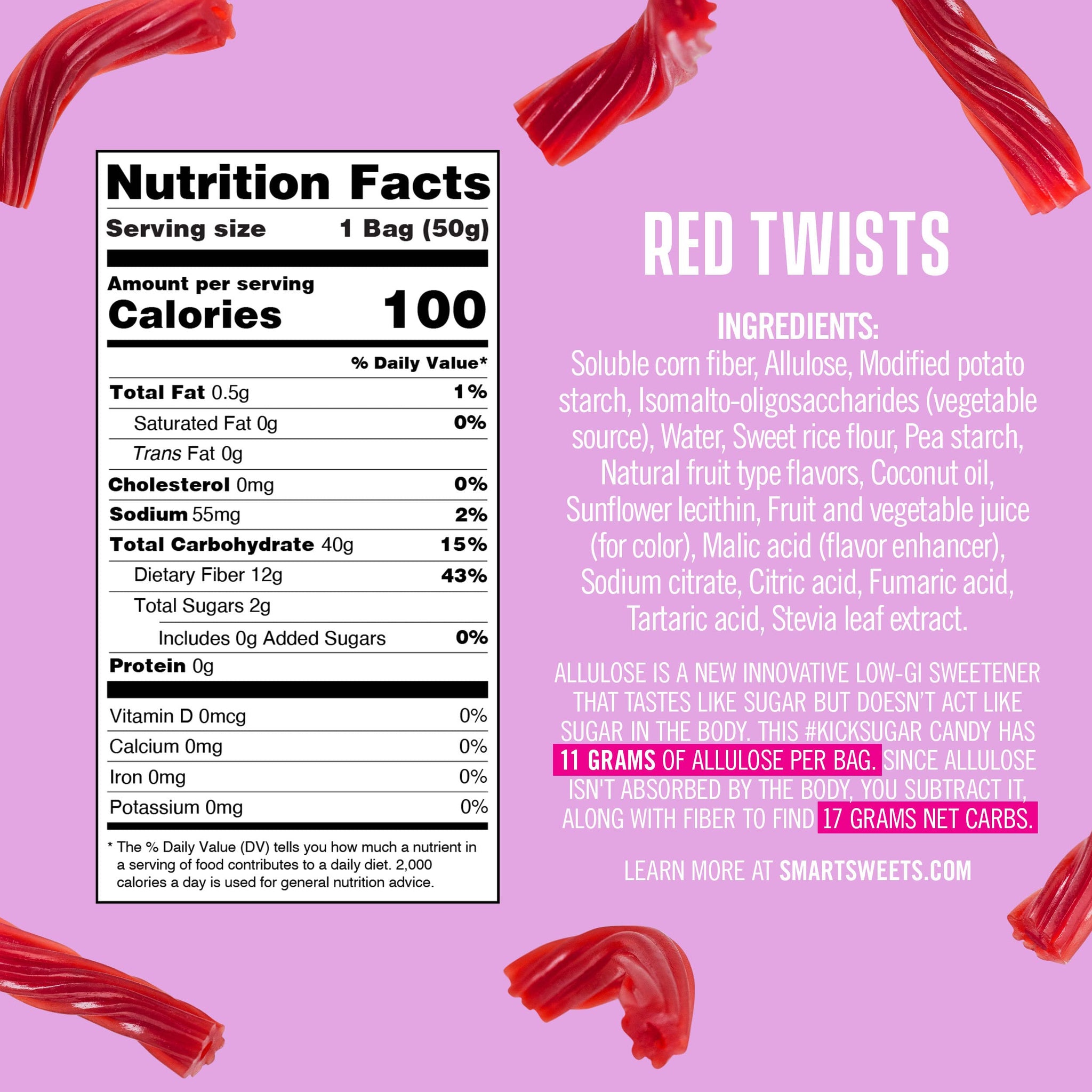 SmartSweets Red Twists, 1.8oz (Pack of 12), Licorice Gummy Candy with Low Sugar (2g), Low Calorie (110), No Artificial Sweeteners, Plant-Based