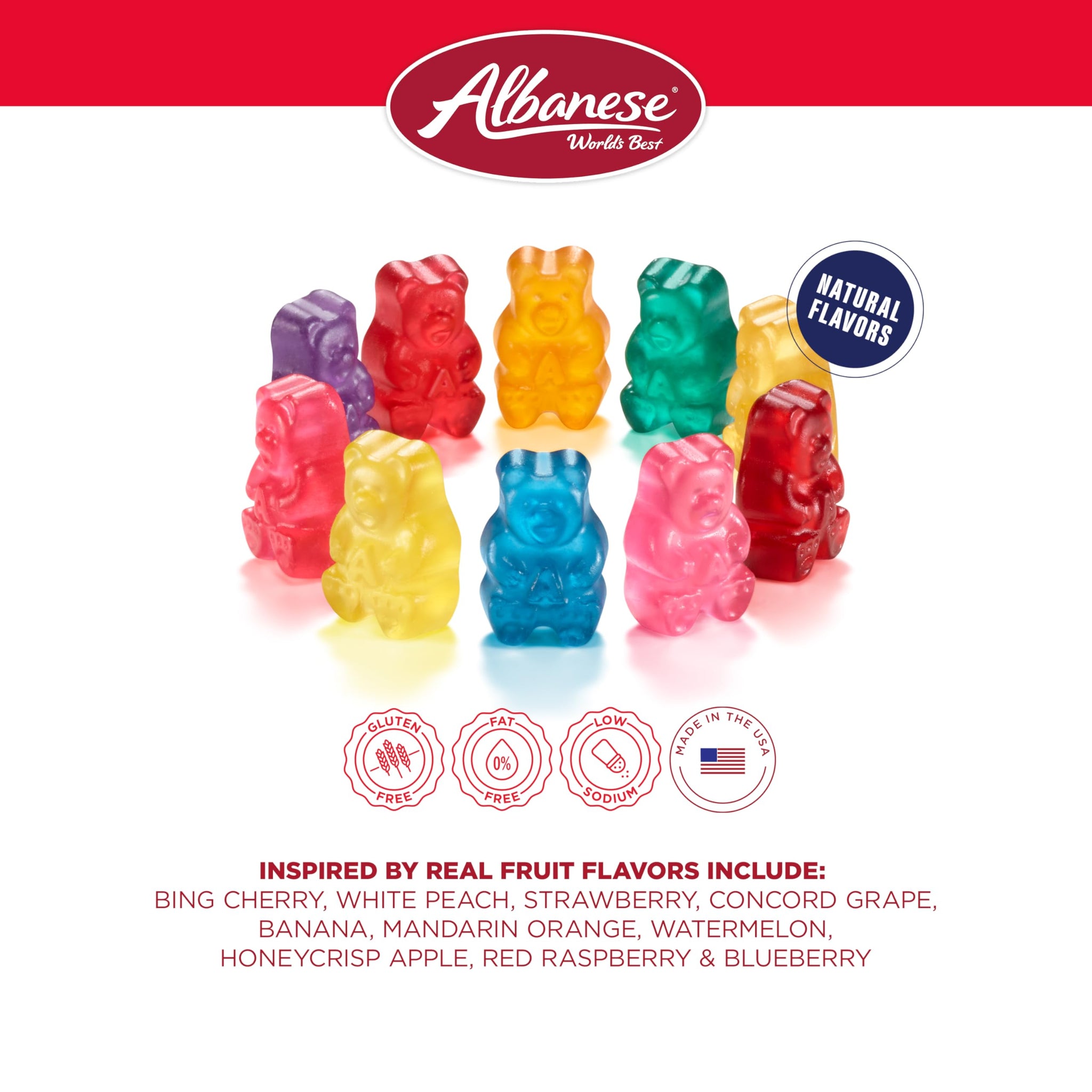 Albanese World's Best True to Fruit American Favorite Fruits Gummies | 7.75oz Bag of Candy | 10 Natural Flavors and Colors, Soft Gummy Bears | Tastes