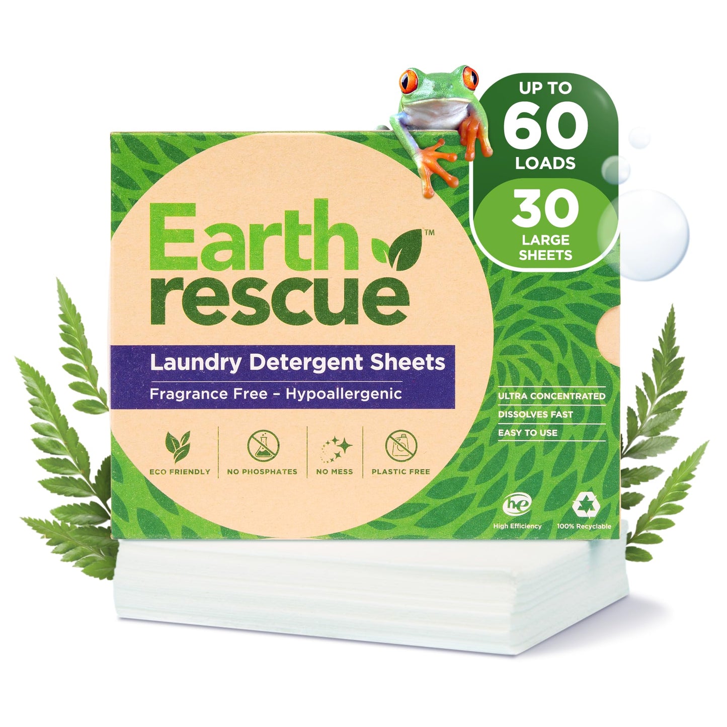 Earth Rescue Laundry Detergent Sheets - Up To 60 Loads (30 Sheets) - Unscented, Hypoallergenic, Concentrated Liquidless Dry Laundry Detergent, Ideal