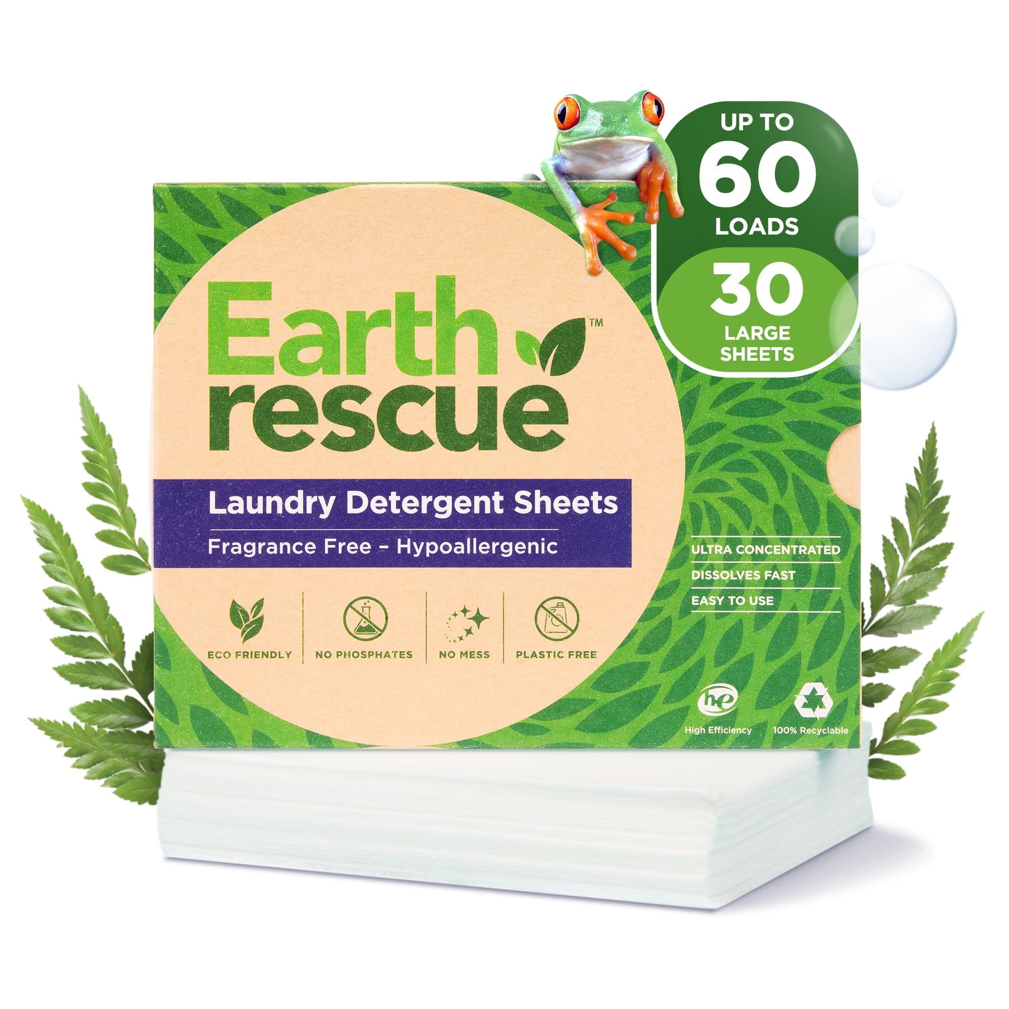 Earth Rescue Laundry Detergent Sheets - Up To 60 Loads (30 Sheets) - Unscented, Hypoallergenic, Concentrated Liquidless Dry Laundry Detergent, Ideal