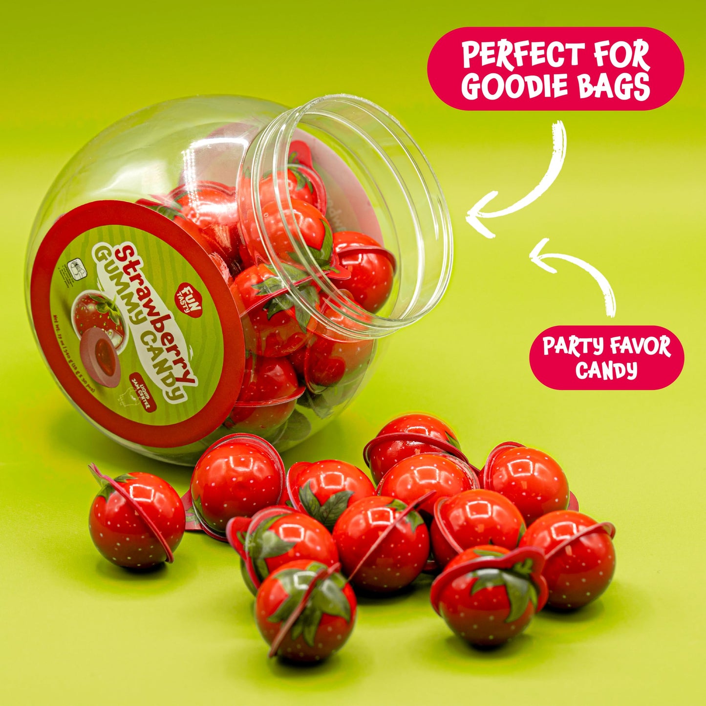 Strawberry Gummy Candy - 30 Count - 19 Oz Jar - Jelly Filled Gummies - Individually Wrapped Gummy Balls Candy - Party Favor Candy for Goodie Bags