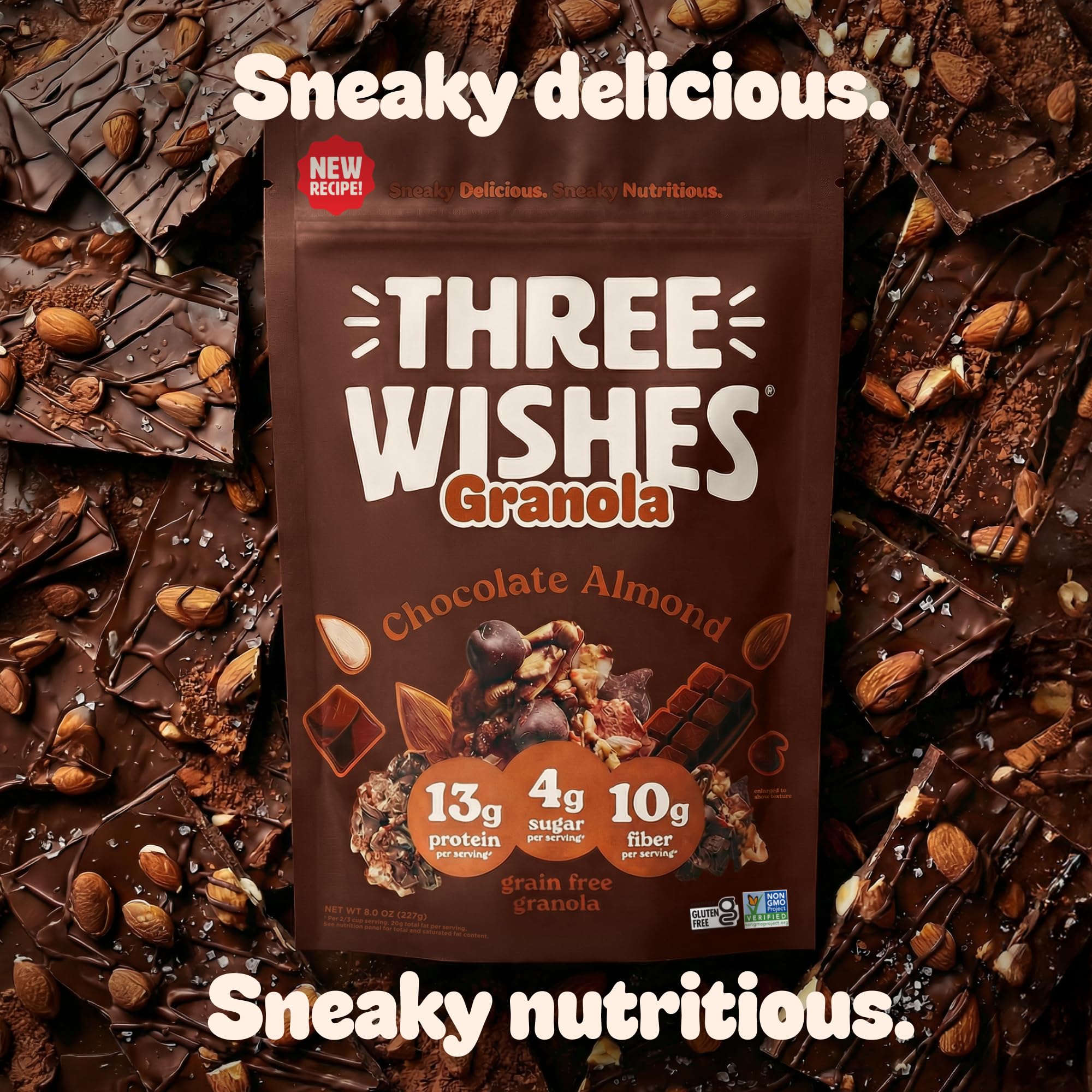 Three Wishes Granola, Chocolate Almond (4-Pack) - Gluten Free Granola, 13g Protein & 4g Sugar Healthy Breakfast & On-the-Go Snack - Vegan, Kosher