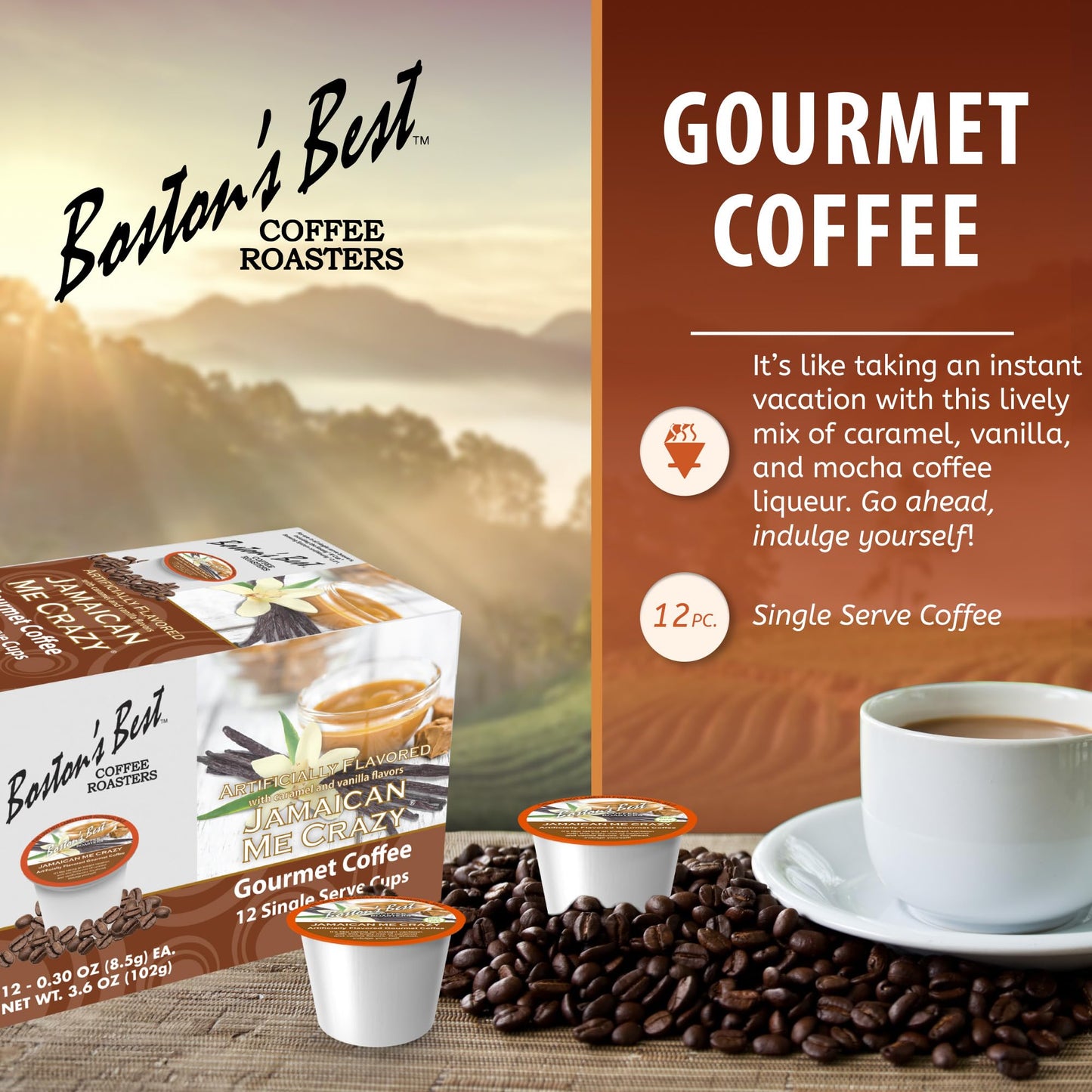 Boston’s Best - Jamaican Me Crazy Flavored Medium Roast Gourmet Coffee, Compatible with Keurig - 1 Count (12 Single Serve Cups)