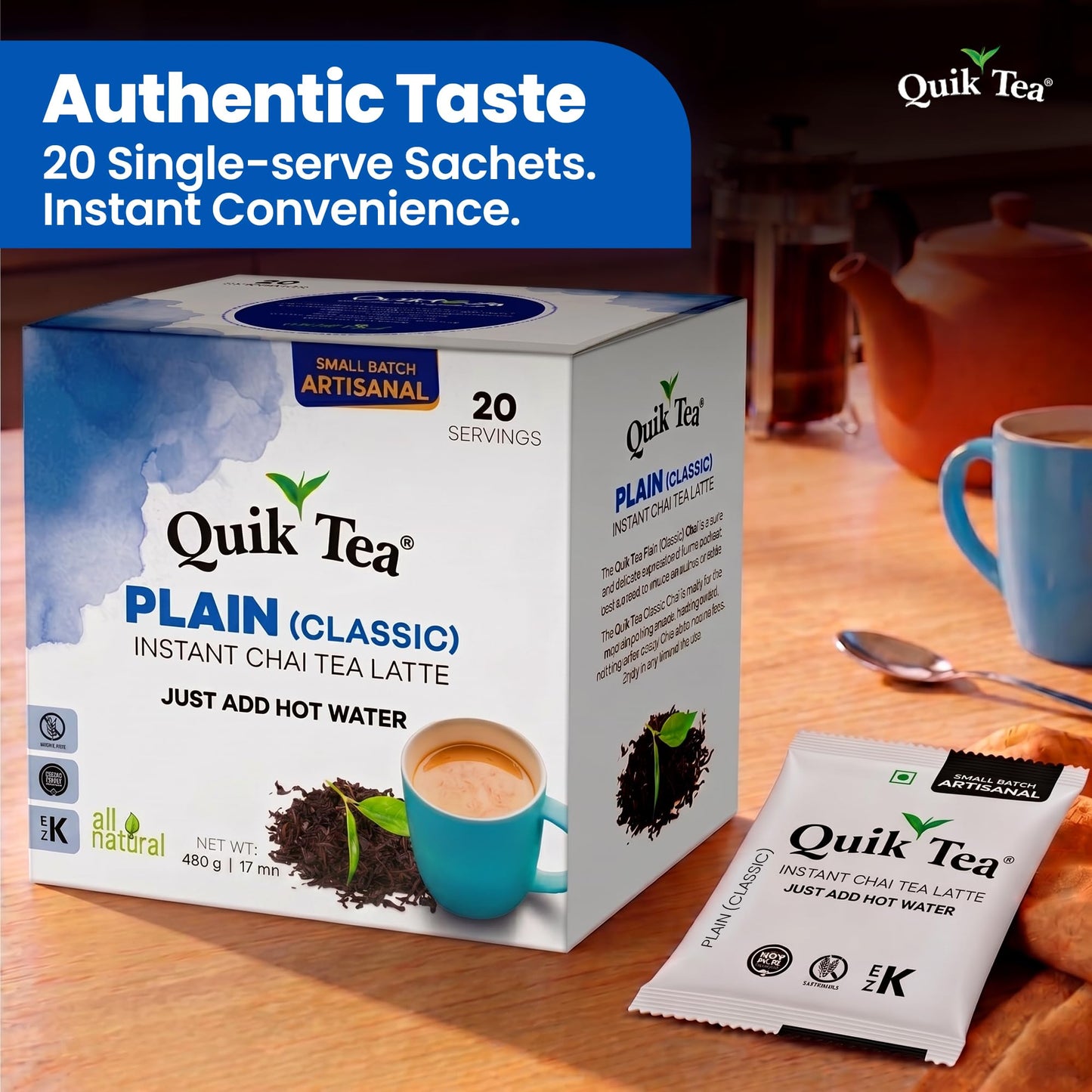 QuikTea Instant Plain Chai Tea Latte, 20 Single-Serve Sachets, Artisanal Indian Chai Latte Mix, Just Add Hot Water, Low Caffeine, Non-GMO, Gluten Free