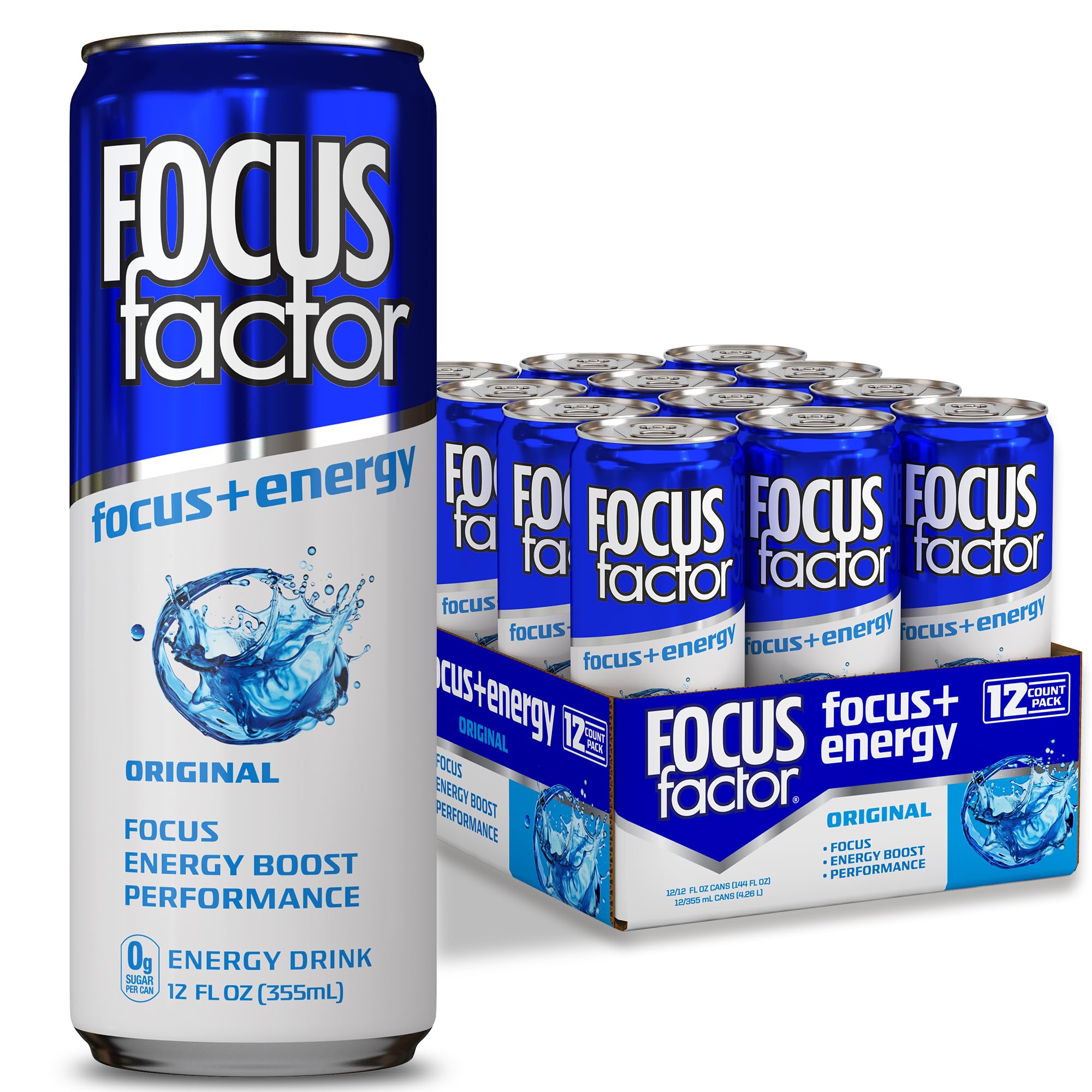 Focus Factor Energy Drink - 12 x 355ml Cans (Original Flavor) - with Focus + Energy - Lightly Carbonated, Sugar Free, Low Calorie with Vitamins B6