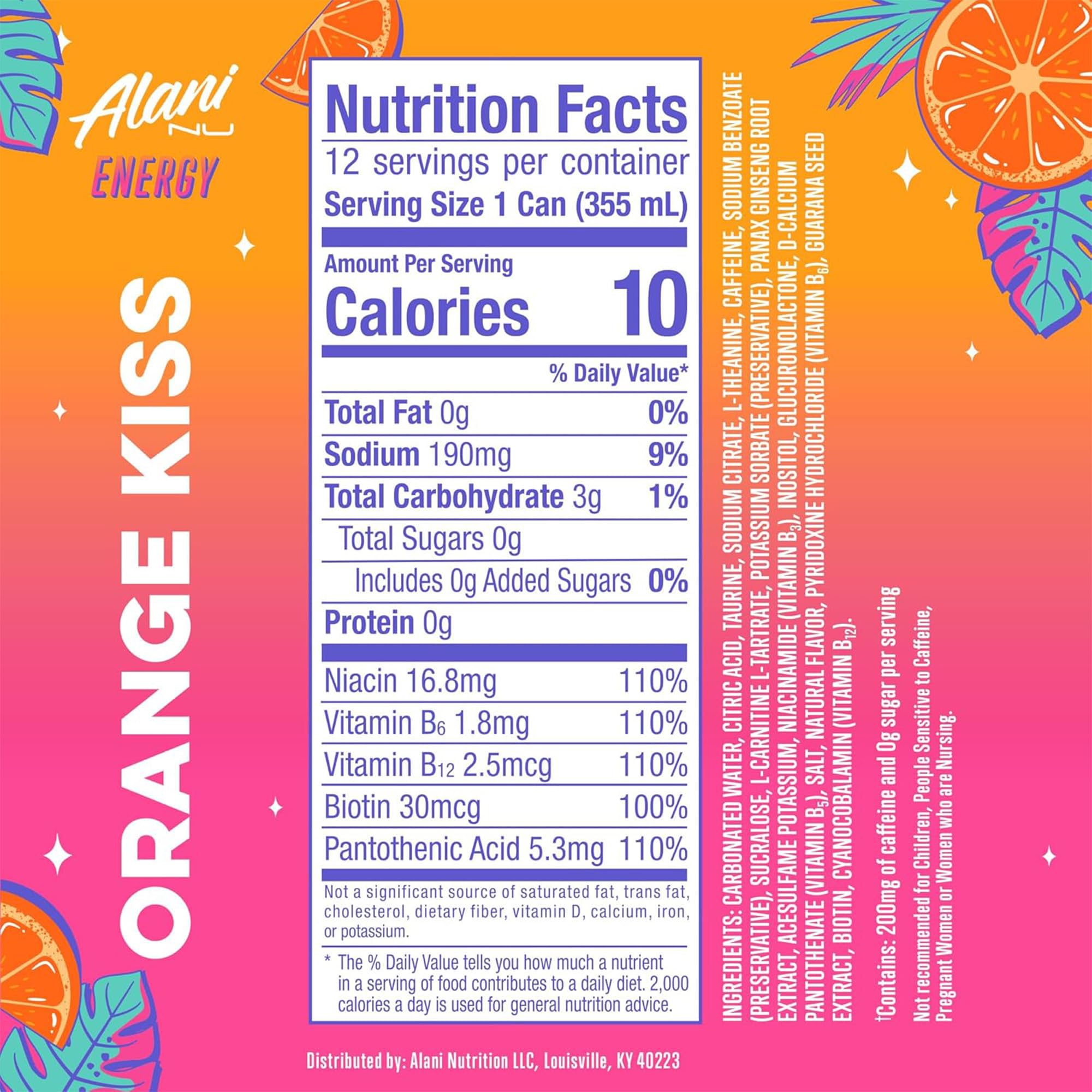 Alani Nu ORANGE KISS, Sugar Free, Low Calorie Energy Drinks, 200mg Caffeine, Biotin, B Vitamins, Zero Sugar, 10 Calories, 12 Fl Oz Cans, 12 Pack